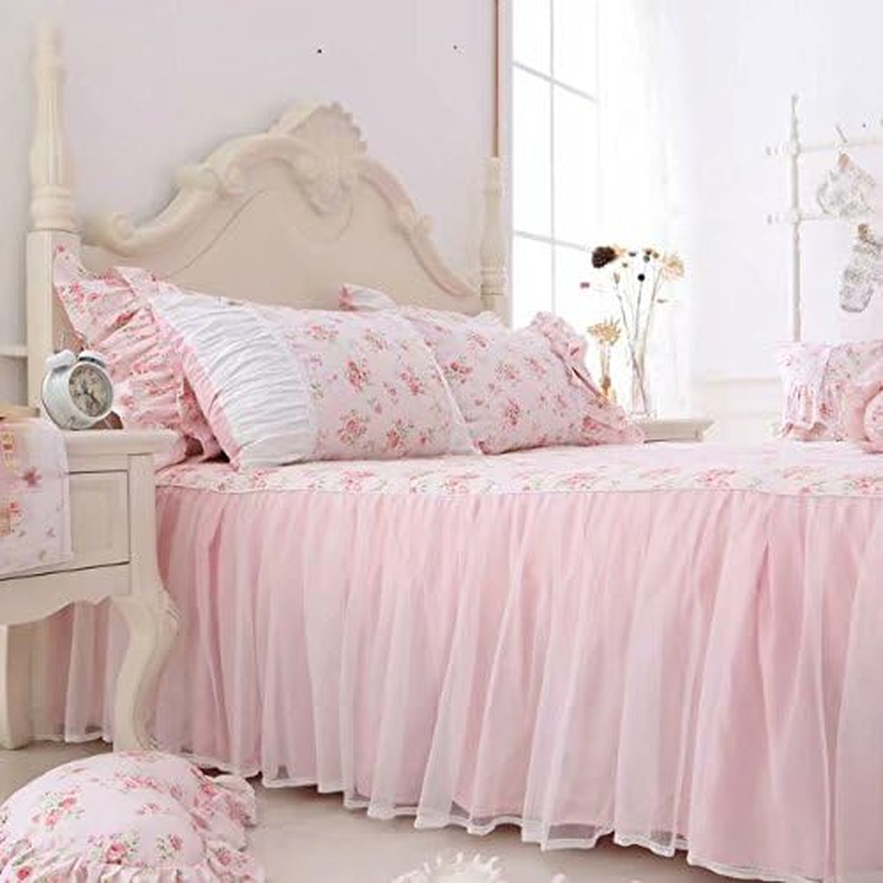 LELVA Romantic Roses Print Duvet Cover Set with Bed Skirt Pink Lace Ruffle Floral Shabby Chic Bedding Sets Twin 4 Piece image number 4