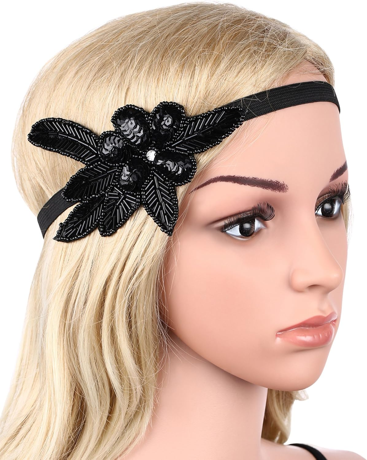 BABEYOND Women'S Flapper Headband Black 1920S Gatsby Headpiece Crystal Beaded Headband for Girls (Black)(Size: One Size) image number 2