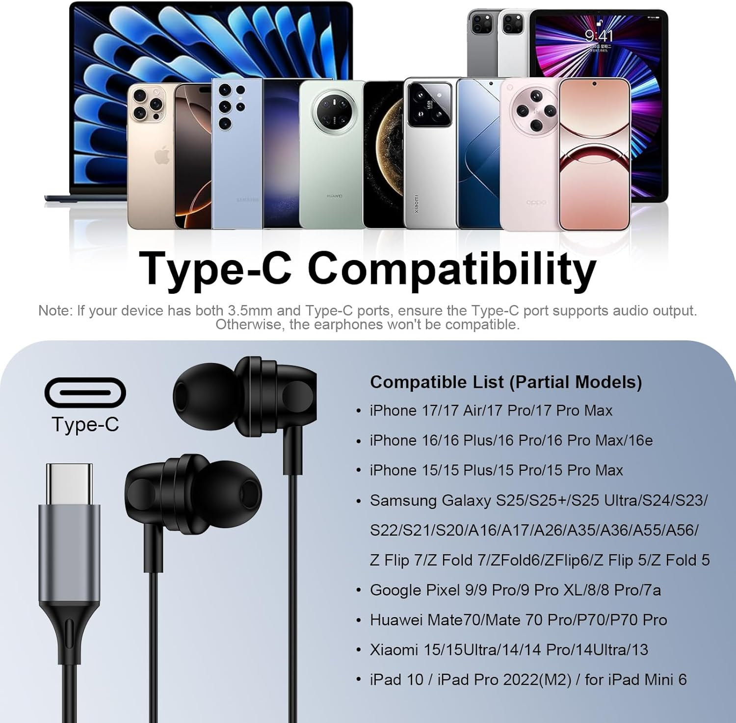 USB C Headphones Wired for Iphone 17 Air 16 15 Pro Max Plus, Wired Earbuds In-Ear Type C Earphone with Microphone for Samsmung Galaxy S25 Ultra S24 S23 FE S22 S21 A16 A17 A35 A36 A53 A54 A55 A56 5G - Black image number 2