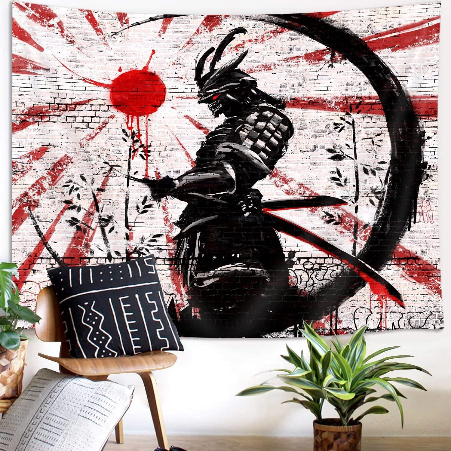 Itapnoom Japanese Samurai Art Decor Tapestry Wall Hanging for Bedroom, Cool Anime Red and Black Sun Moon Poster Wall Art Tapestries for Men, Asian Japan Male Blanket College Decorations (80X60) image number 4