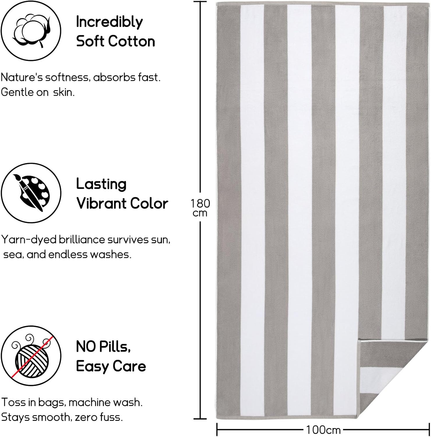 Ouxiaobai Cotton Oversized Beach Towel - Extra Large 180 X 100 CM Soft Absorbent Pool Towel for Adults, Striped Cabana Swim Towel (Grey)