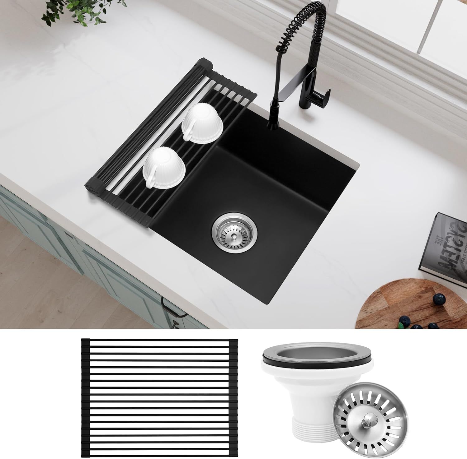 MILOSEN Black Kitchen Sink 45X45Cm, Granite Stone Sink, Mini Black Bar Sink, Undermount Kitchen Sink, Single Bowl Kitchen Sink image number 3