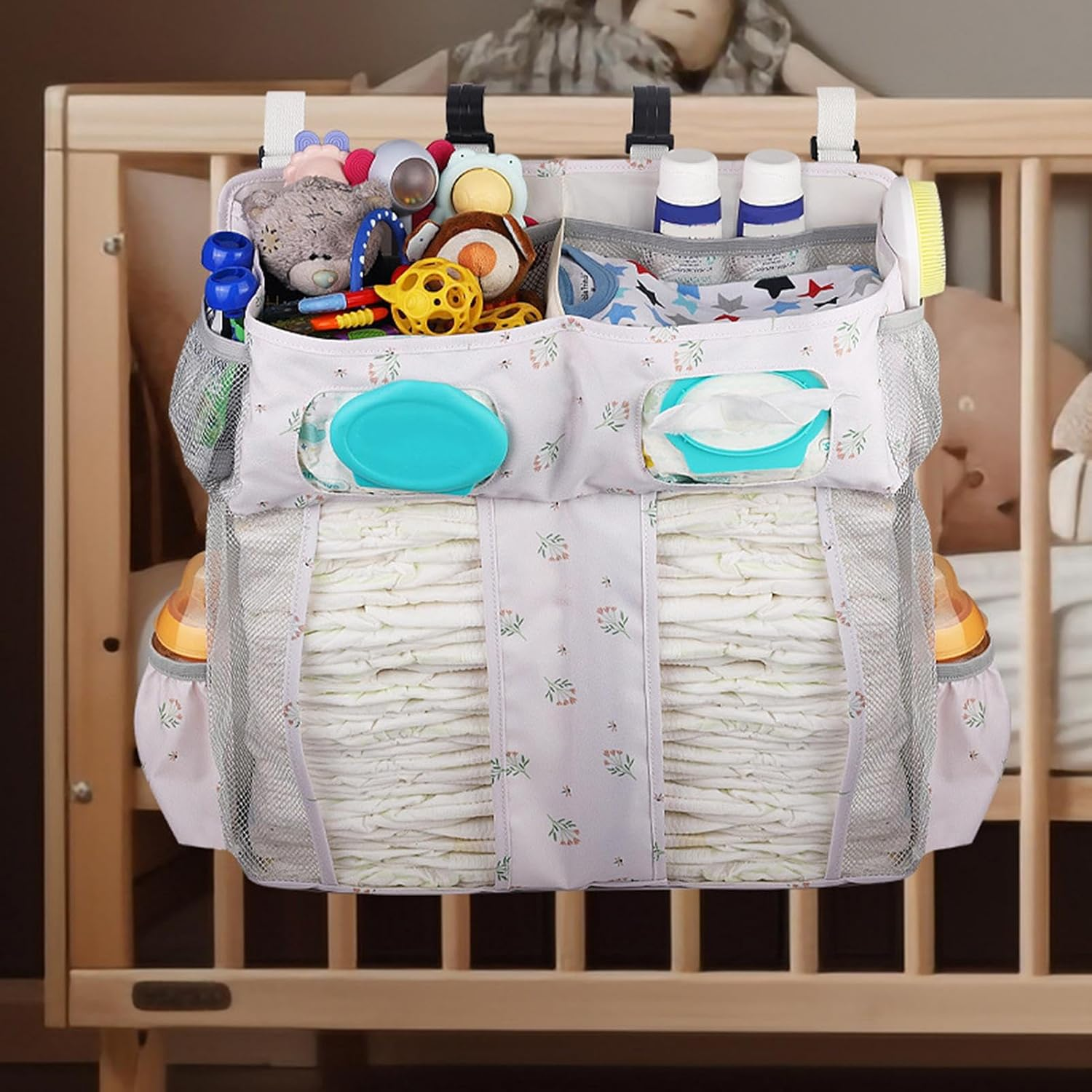 Crib Diaper Organizer, Oxford Bedside Storage Bag, 19.6X17.3X6.3 Inch, Large Capacity Nursery Stacker with Hanging Design, Ideal for Diapers, Bottles, Wipes, Bibs, Cribs, Nursery, - Letter D image number 4