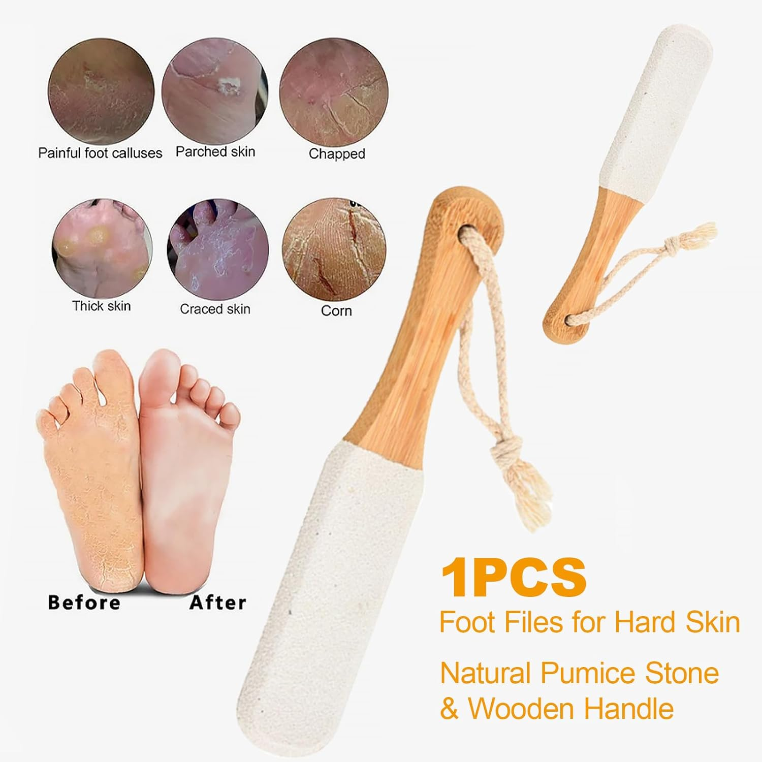 Foot Stone - Pumice Stone Exfoliating Pedicure Rasp, Wooden Handle Foot Scrubber, Callus Remover, Dead Skin Remover, Foot File for Healthy, Smooth Feet (White) image number 3