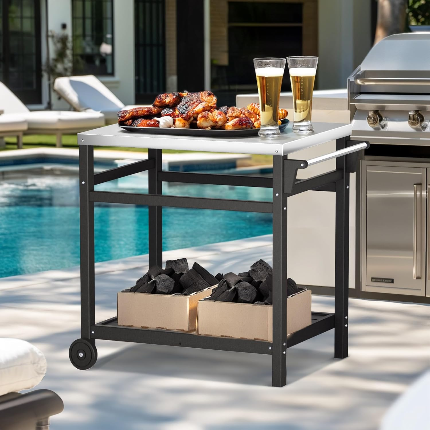 TORVA Outdoor Prep Cart,Portable Dining Table for Pizza Oven, Double-Shelf Patio Grilling Backyard BBQ Grill Cart(Black)