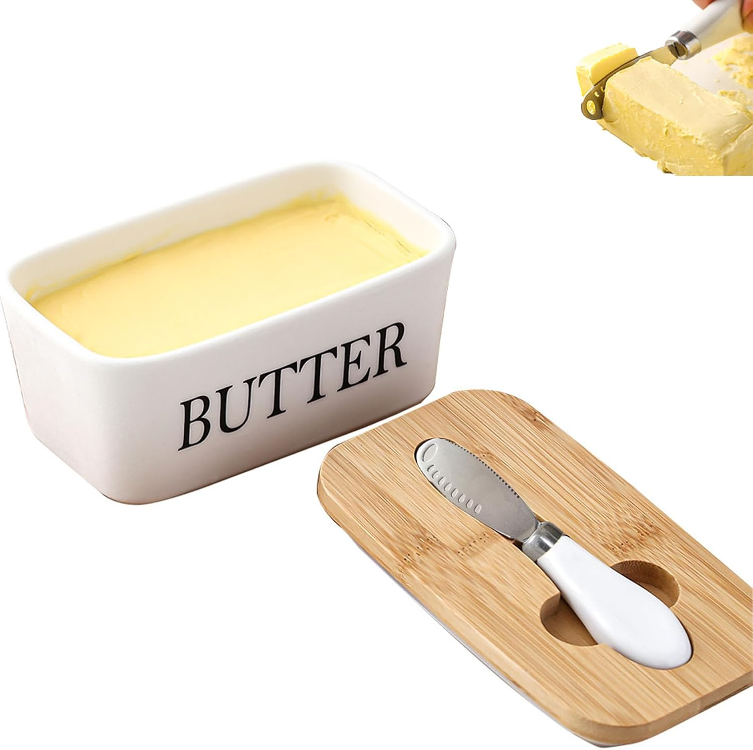 Xutong Butter Dish with Lid, Stainless Steel Butter Knife, Ceramic, Bamboo Lid, White image number 4