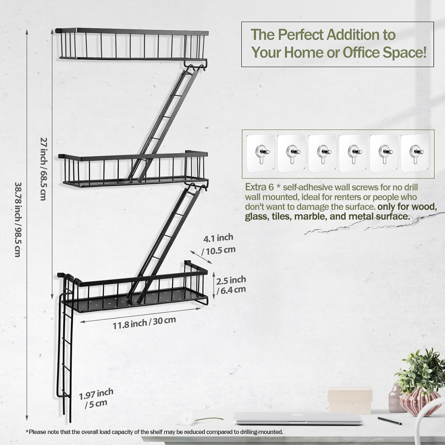 Fire Escape Wall Shelf - New York Decorative Ladder Shelf, Wall Art Floating Shelf Black Metal Shelves for Bedroom, Home Office Storage and Display (3-Tier) image number 4
