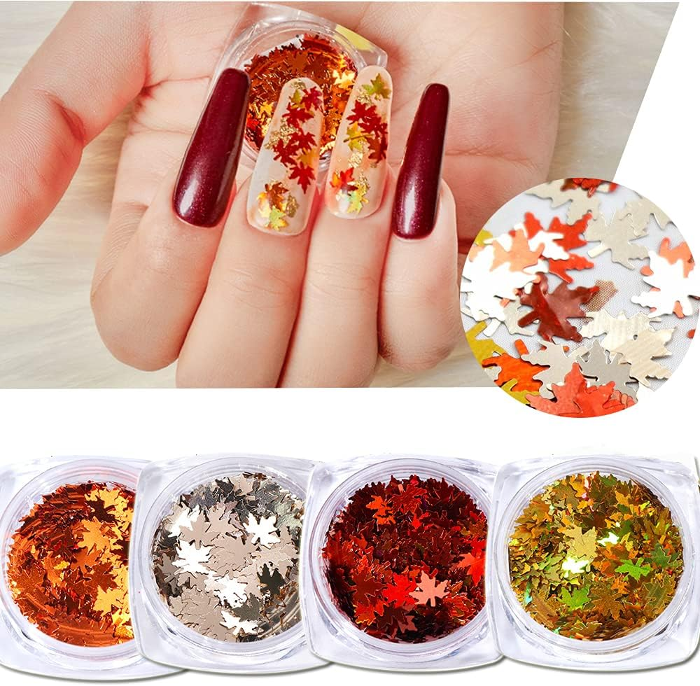 Nail Art Holographic Glitter Fall Maple Leaf Shaped Flakes 2 Pot,Red Yellow Orange Glitter Sequins 3D Mixed Metallic Maple Glitter Nail Art Design Spangles for Acrylic Nail Kit Manicure Decorations