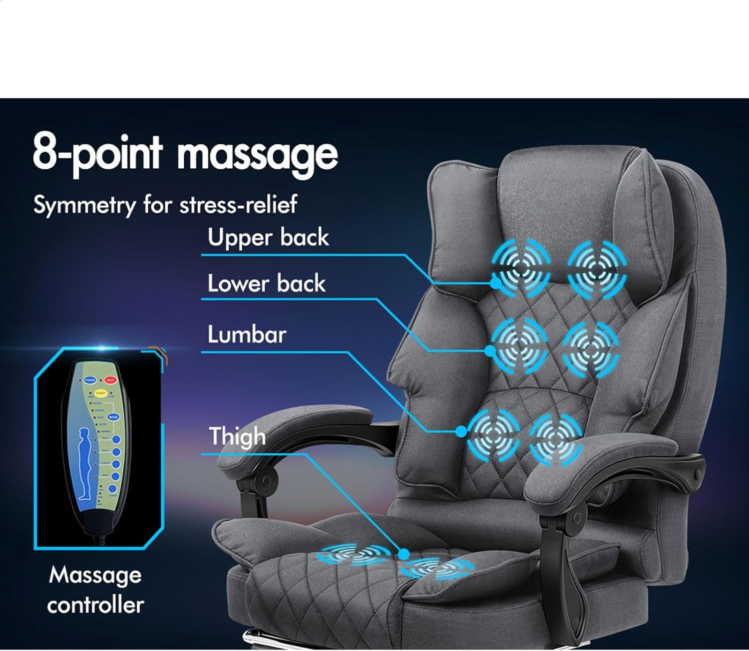 ALFORDSON Ergonomic Office Chair Recline with 8-Point Massage and Heated Seat, Gaming Executive Computer Racer Chair Adjustable Height, Fabric Home Office Chair with High Back Footrest(Fabric Grey) - Fabric Grey image number 4