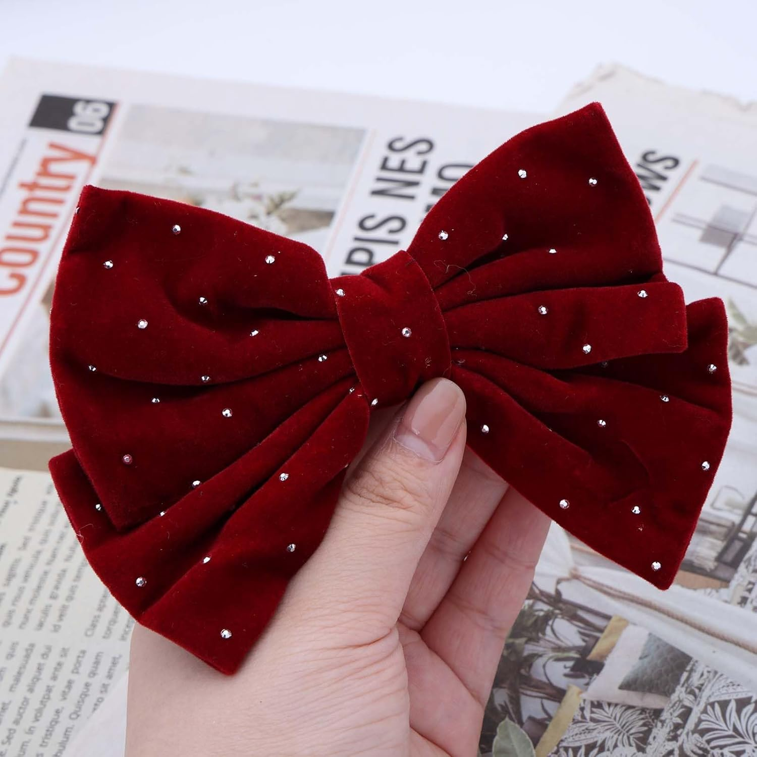 Red Hair Bows for Women Velvet Bow Hair Clips Glitter Crystal Bow Clips Cute Hair Bow Clips French Hair Band Bow Rhinestone Bows Party Prom Wedding Bow Clip image number 2