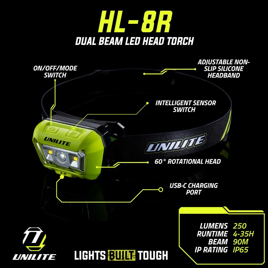 Unilite HL-8R USB Rechargeable Dual Beam Sensor Head Torch | 475 Lumen | 6500K | 4 to 35 Hours Run Time | 90 Meter Beam Range | IP65 IK07