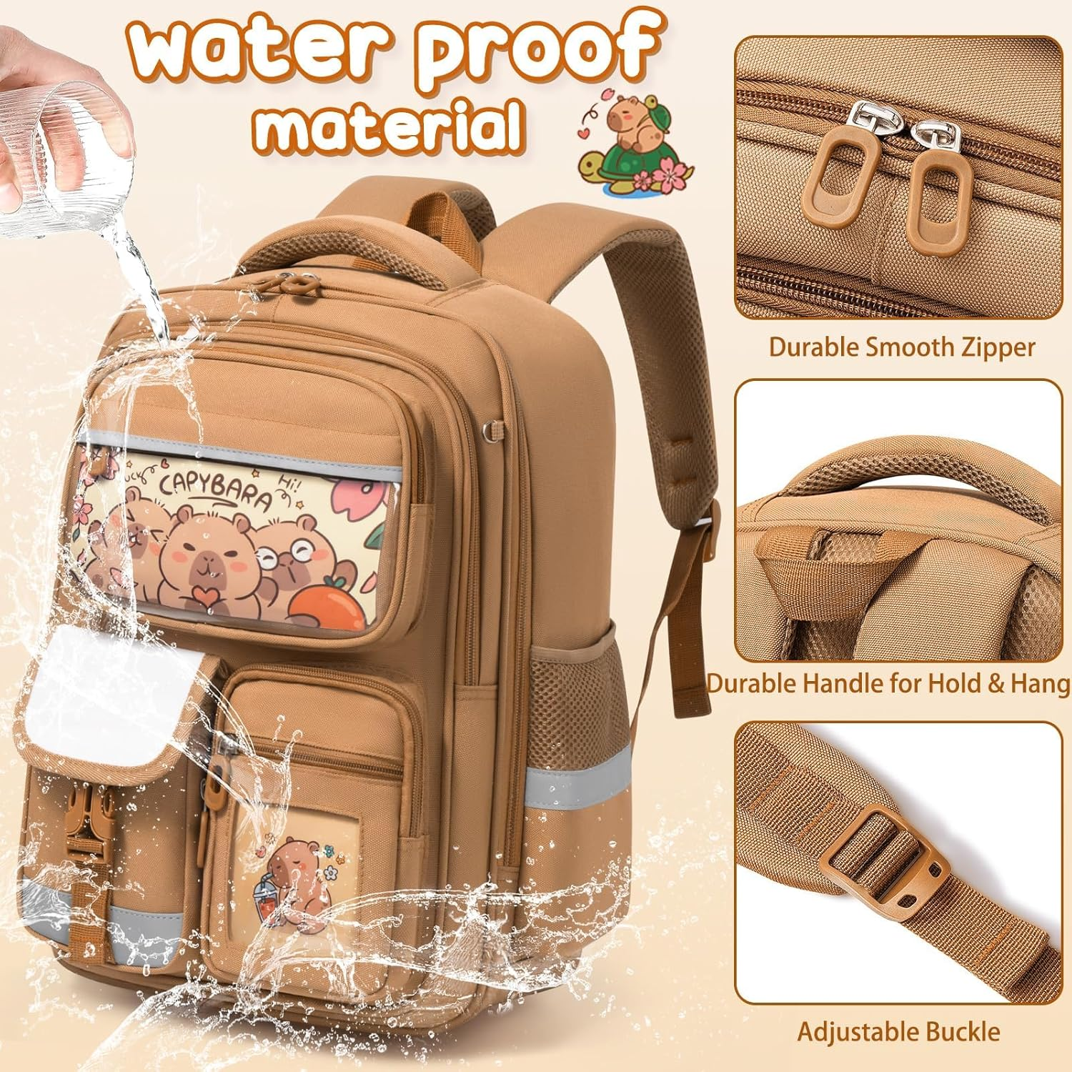 Fimibuke Kids School Backpack for Girls Boys, Cute Toddler Backpack School Supplies with Bookbag Pencil Pouch Stationery Set, Panda, Large - Capybara image number 2