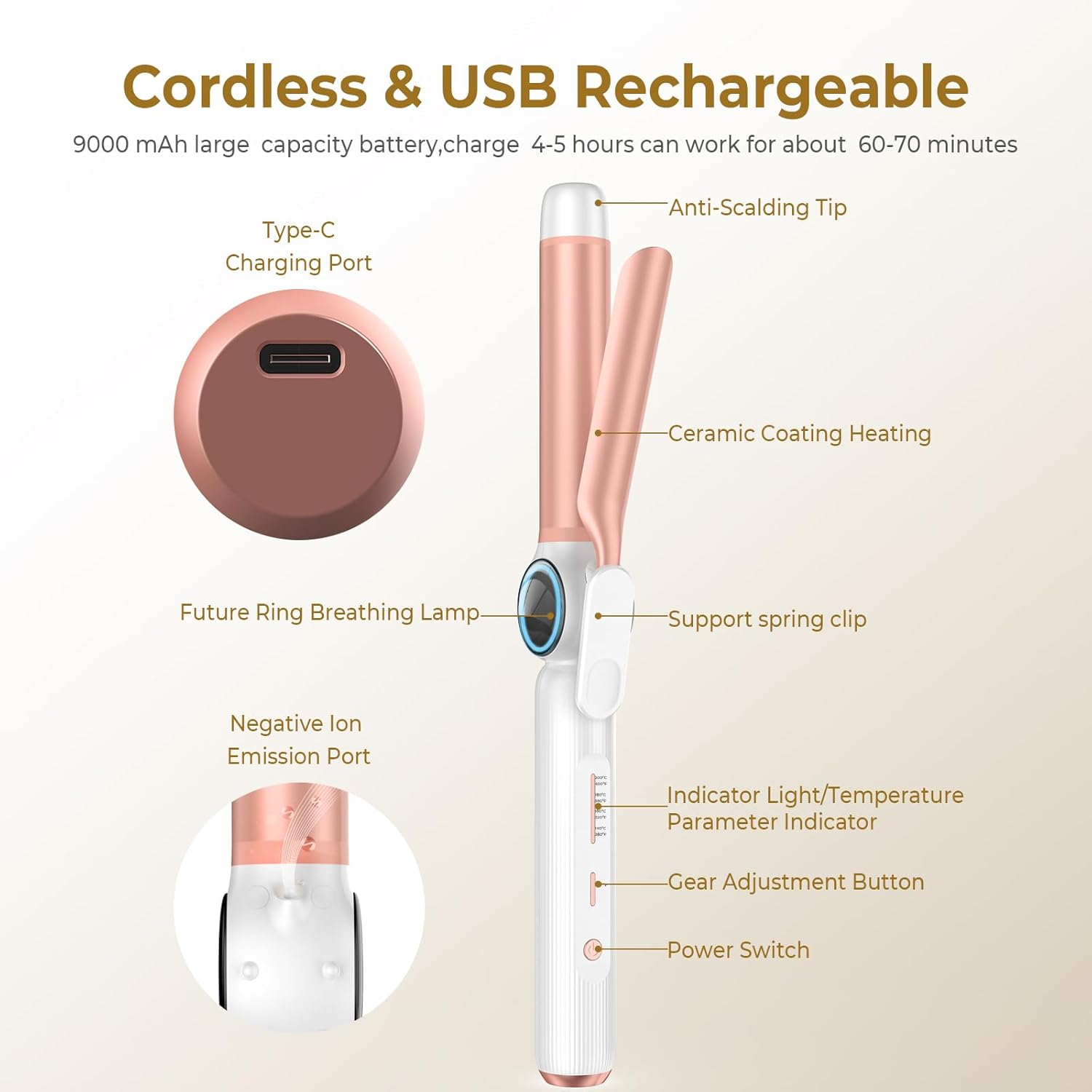 9000 Mah Wireless USB Curling Iron, Rechargeable Curling Iron image number 1