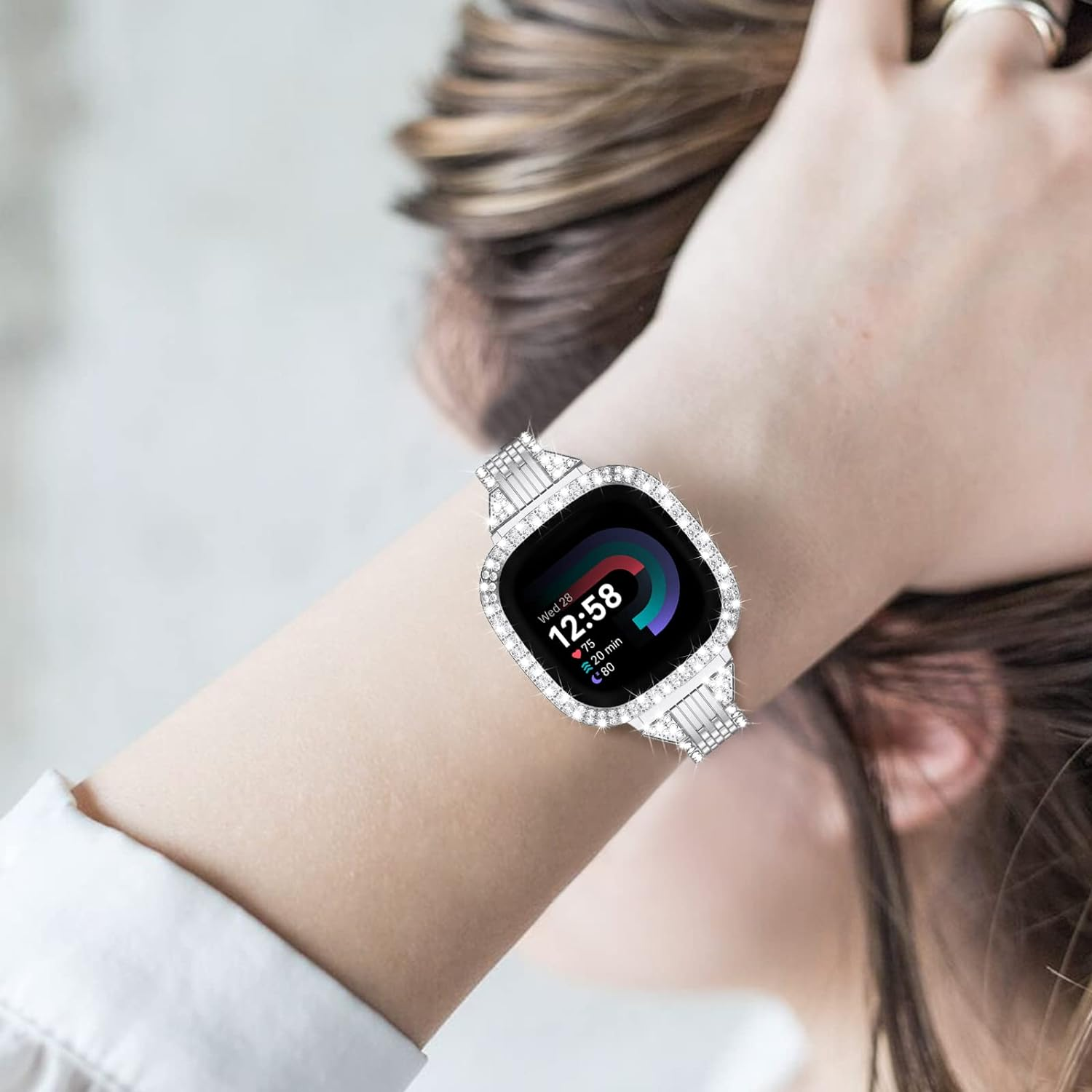 MOFREE Compatible for Fitbit Versa 4 Bands/Fitbit Sense 2 Bands Women with Hard Bling Bumper Protective Case Cover, Dressy Jewelry Diamond Rhinestone Metal Wristband for Fitbit Versa 4/Sense 2 image number 1