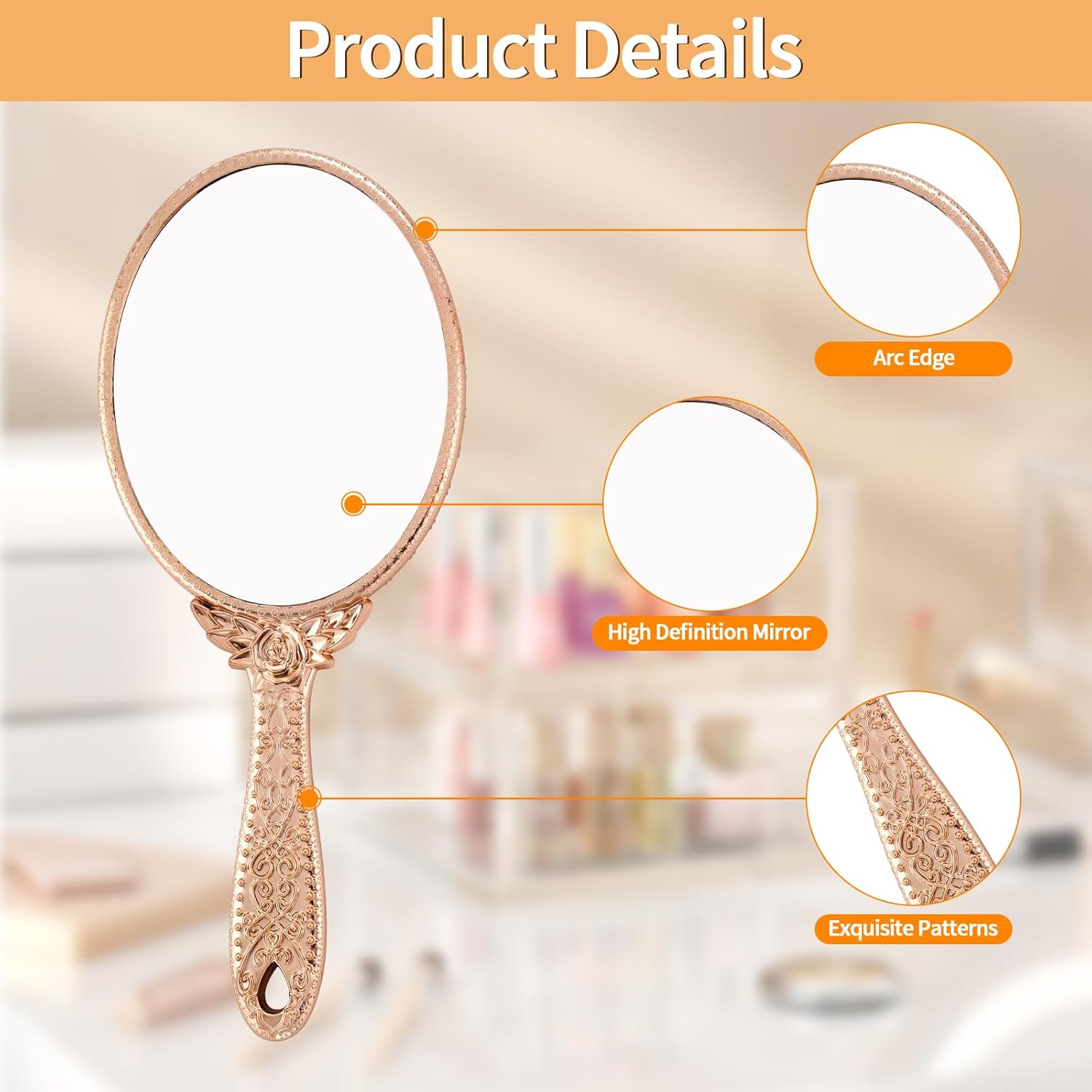 XPXKJ Handheld Mirror Handle Vanity Makeup Home Salon Travel Use (Carved Oval, Rose Gold) image number 5