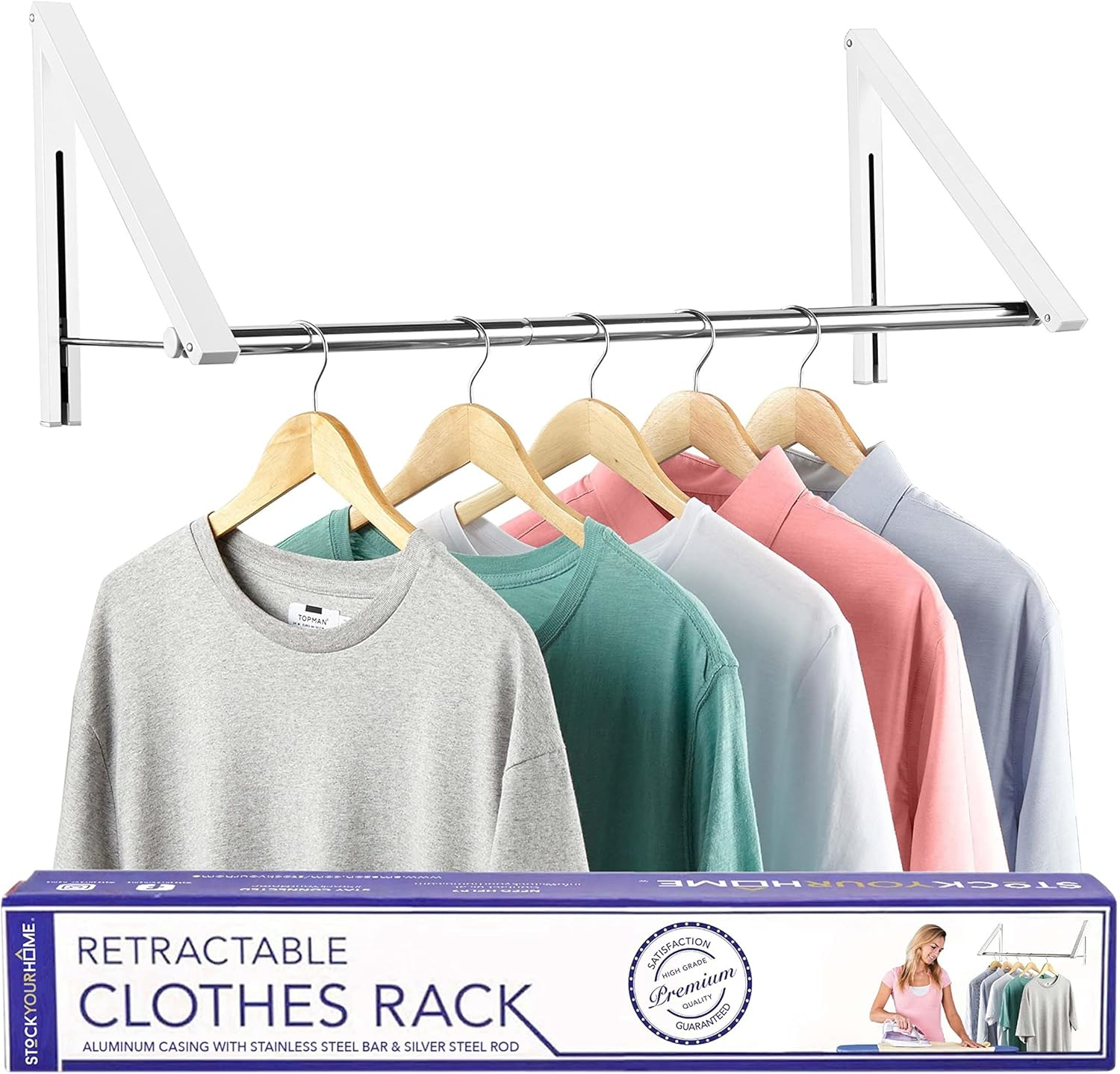 Stock Your Home Retractable Clothes Rack - Wall Mounted Folding Clothes Hanger Drying Rack for Laundry Room Closet Storage Organization, Aluminum, Easy Installation, 2 Racks with Rod (Silver)