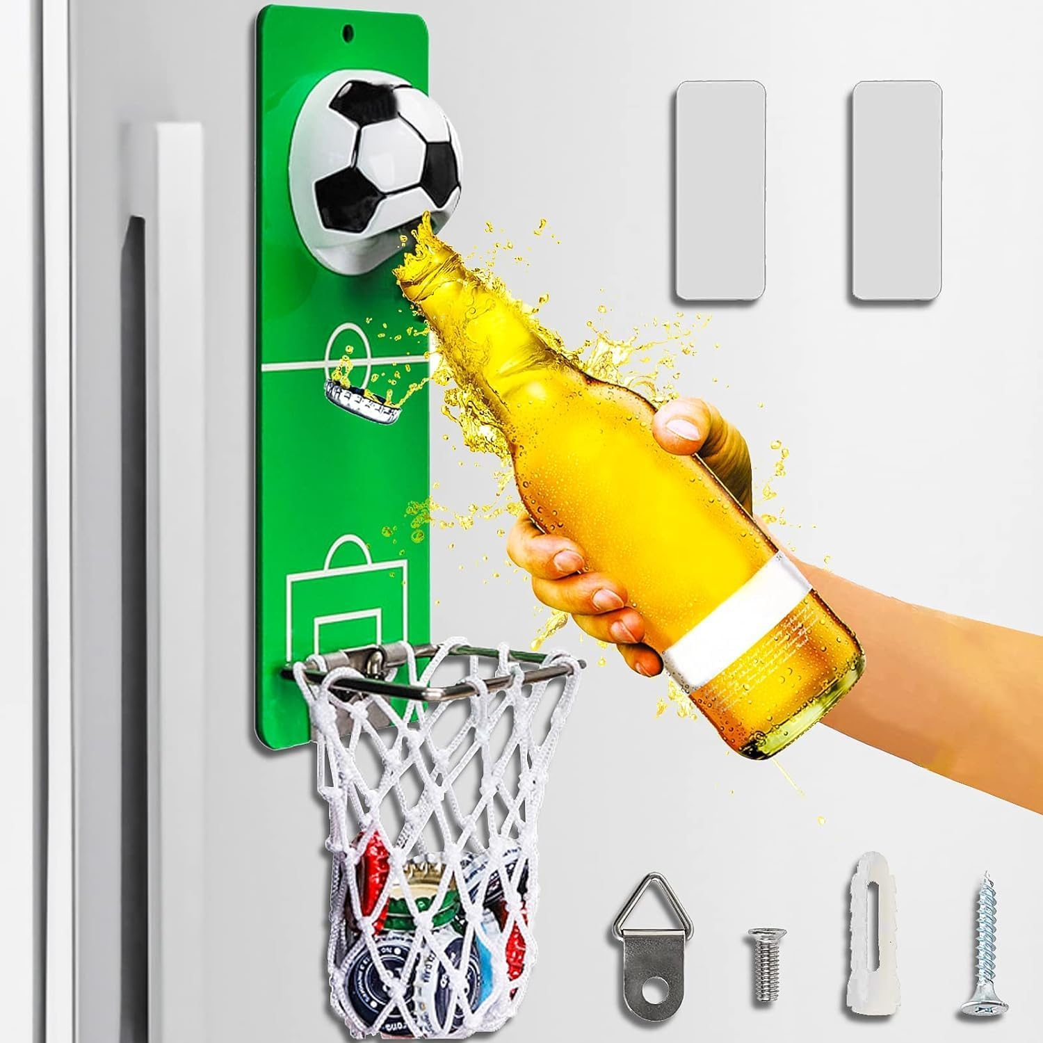 Magnetic Bottle Openers with Netting Catcher, Wall Mounted Wooden Beer Bottle Opener, Traceless Corkscrew, Home Bar Accessories for Kitchen, Outdoor, Ideal Beer Gifts for Men (Style Football) image number 1