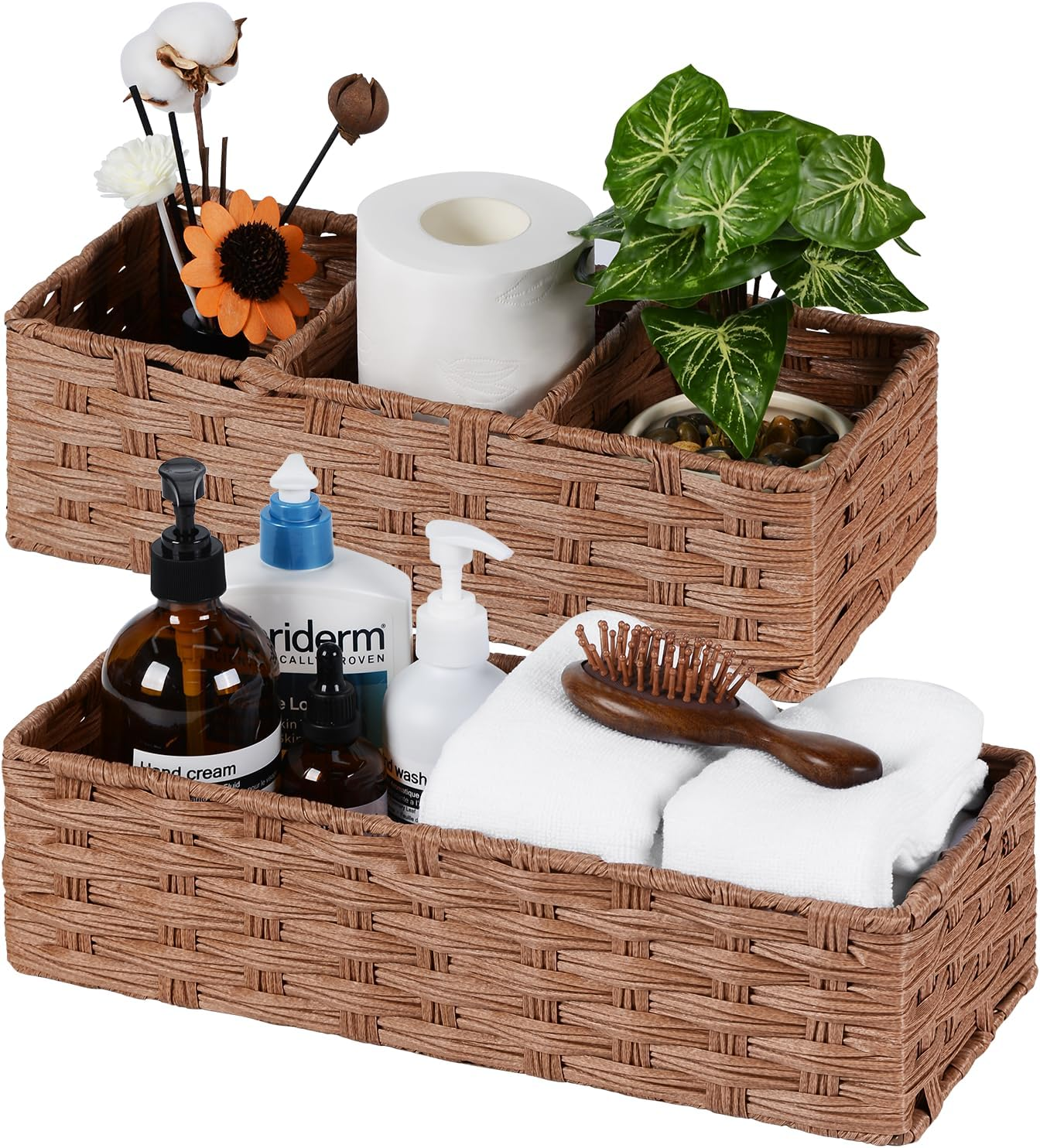 Wicker Basket for Toilet Paper Storage, 2-Piece Bathroom Organizer Set for Shelves, Pantry & Home Decor, Space-Saving Rectangular,15.5&times;6.3&times;4.3 Inch (Gray)