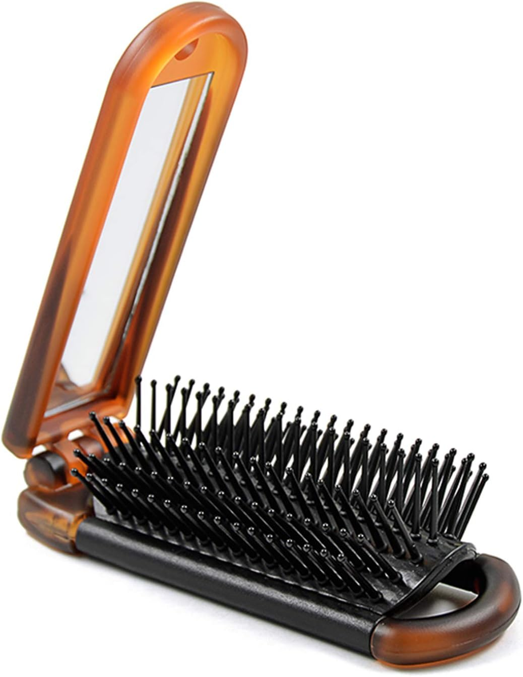 Ancable Folding Hair Brush with Mirror, Folding Pocket Hair Brush, Mini Hair Comb, Compact Travel Size, Hair Massage Comb for Travel Bag, Women and Girls (Amber)