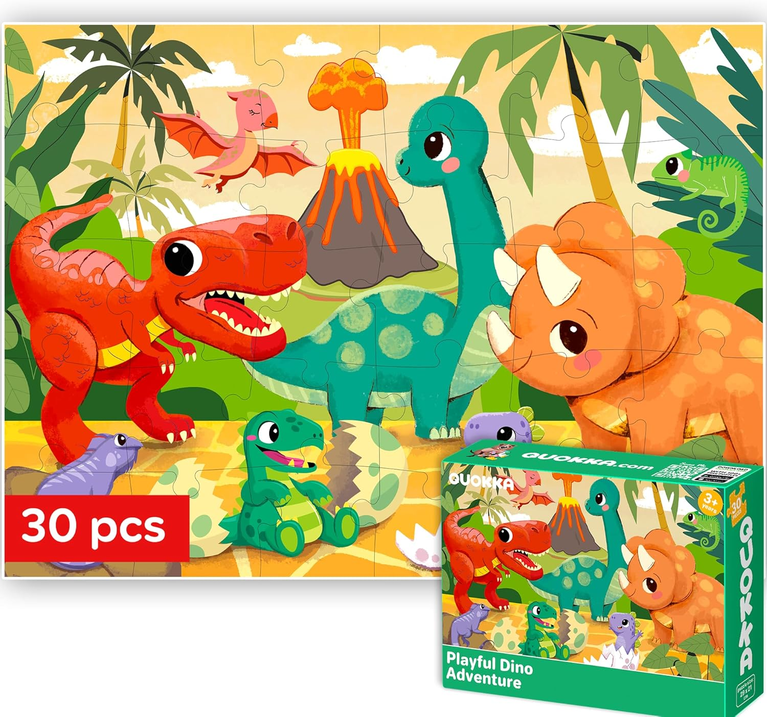 QUOKKA 30 Pcs Solo Assortment Puzzles for Kids Ages 3-6 | Toy for Learning Dinosaurs for 3-6 Year Old | Jigsaw Dino Game Boy and Girl