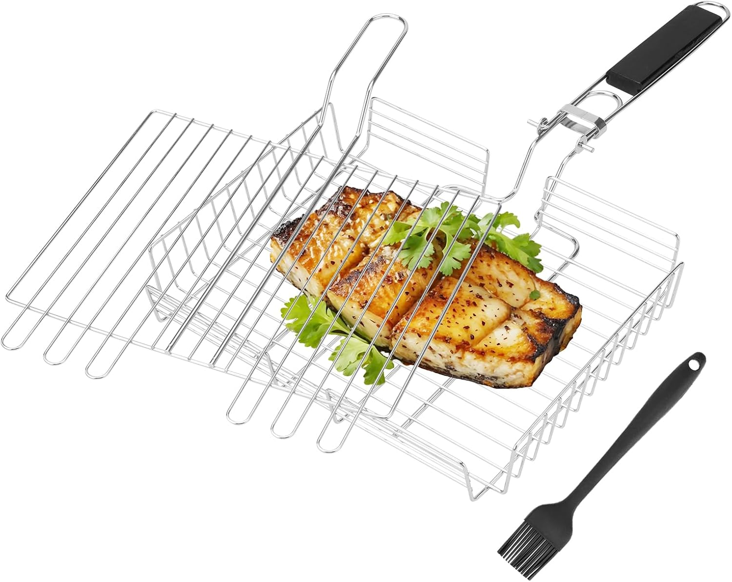 Fish & Vegetable Grill Basket,Portable Stainless Steel BBQ Grill Basket,Folding Outdoor Camping BBQ Rack for Fish, Shrimp, Vegetables, Barbeque Griller Cooking Accessories (Adjustable Black)