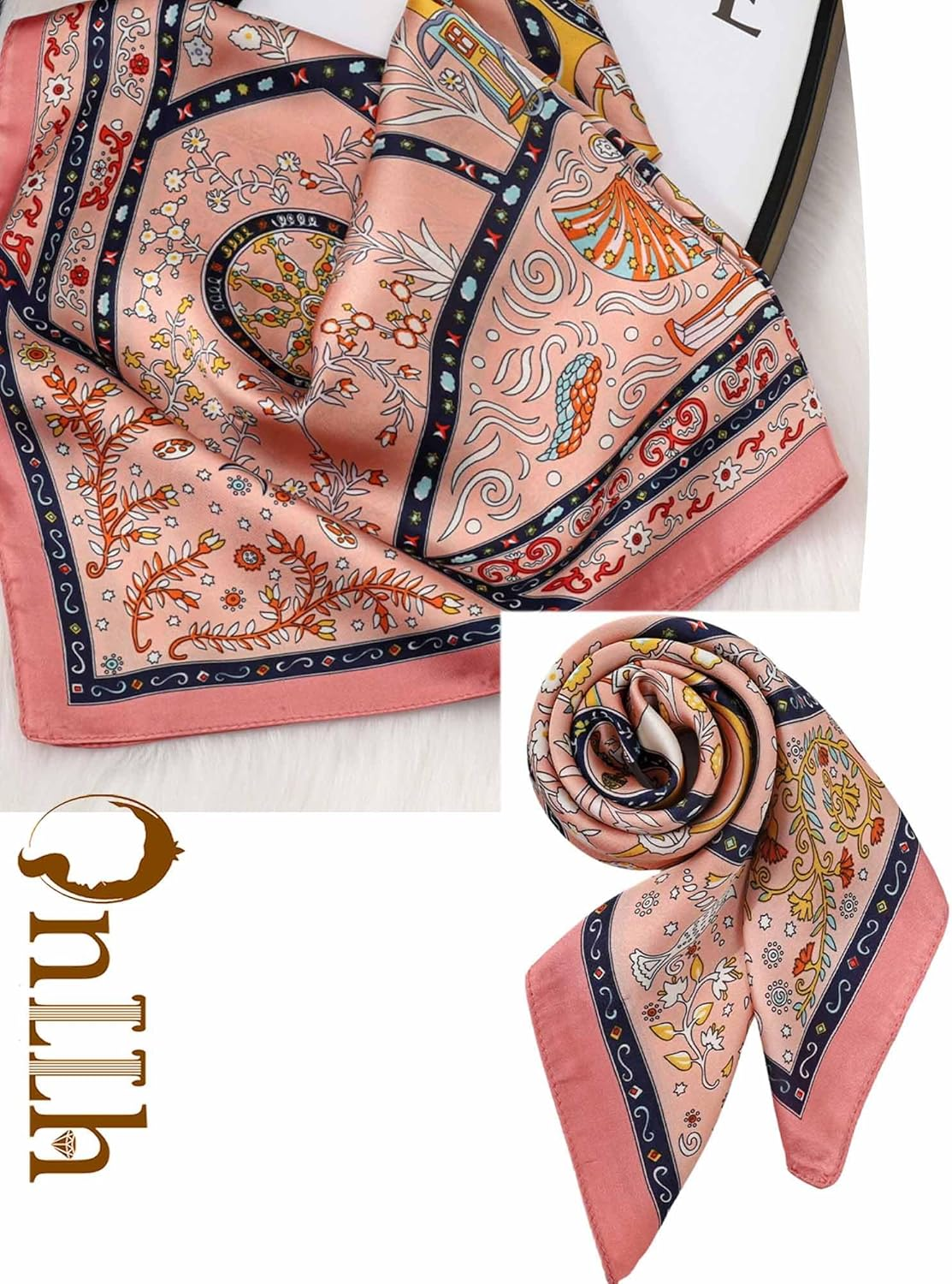 Onllh Silky Scarf for Women Lightweight Satin Bandanas Neck Hair Wrap for Sleeping Head Scarves 27.5" - A23 Pink Retro Elements/27.5" image number 5