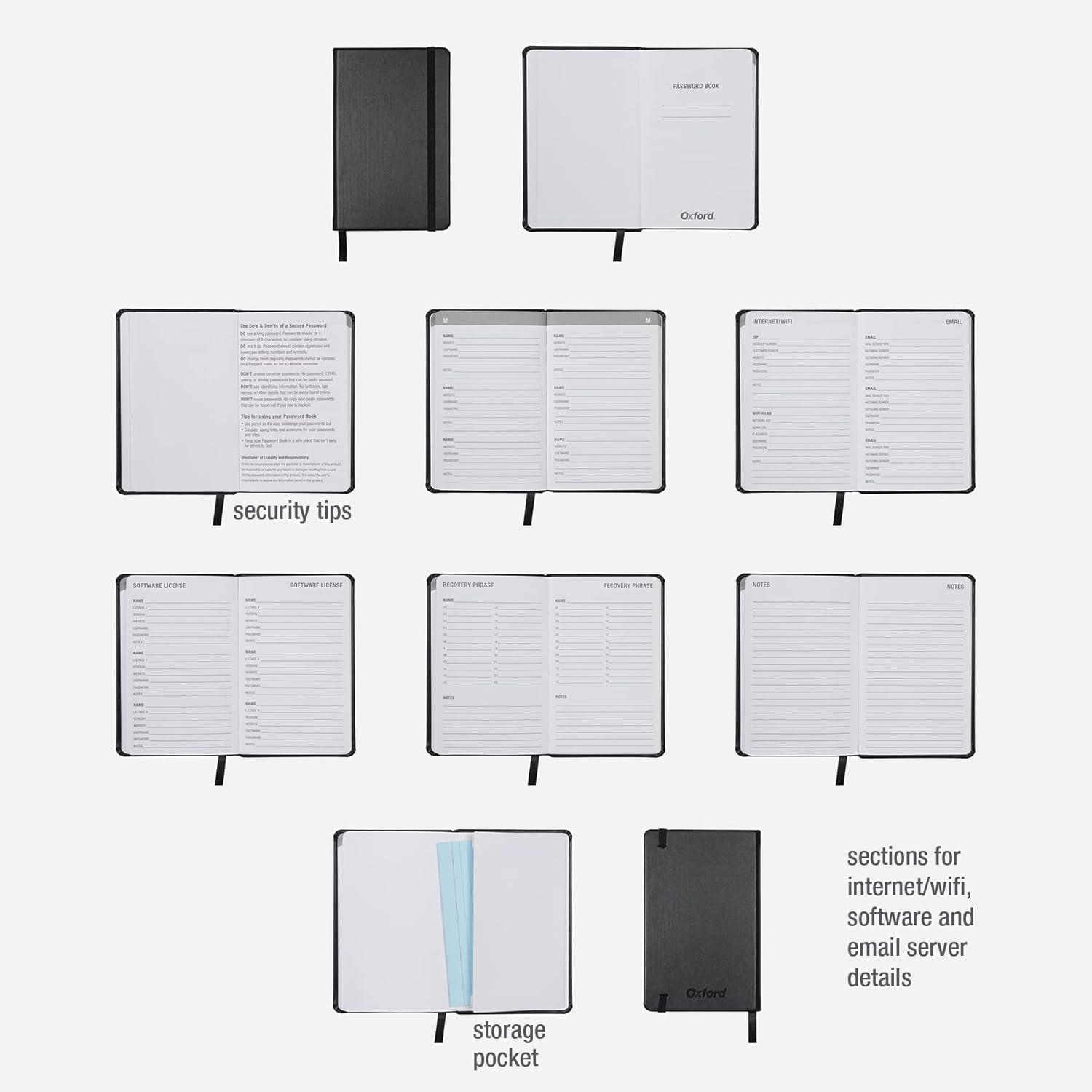 Oxford Password Book, Black Hardcover Journal, Username and Password Organizer, Small 3.5" X 5.5" Size, Internet, Wifi, Software Login Tracker (71010) image number 1