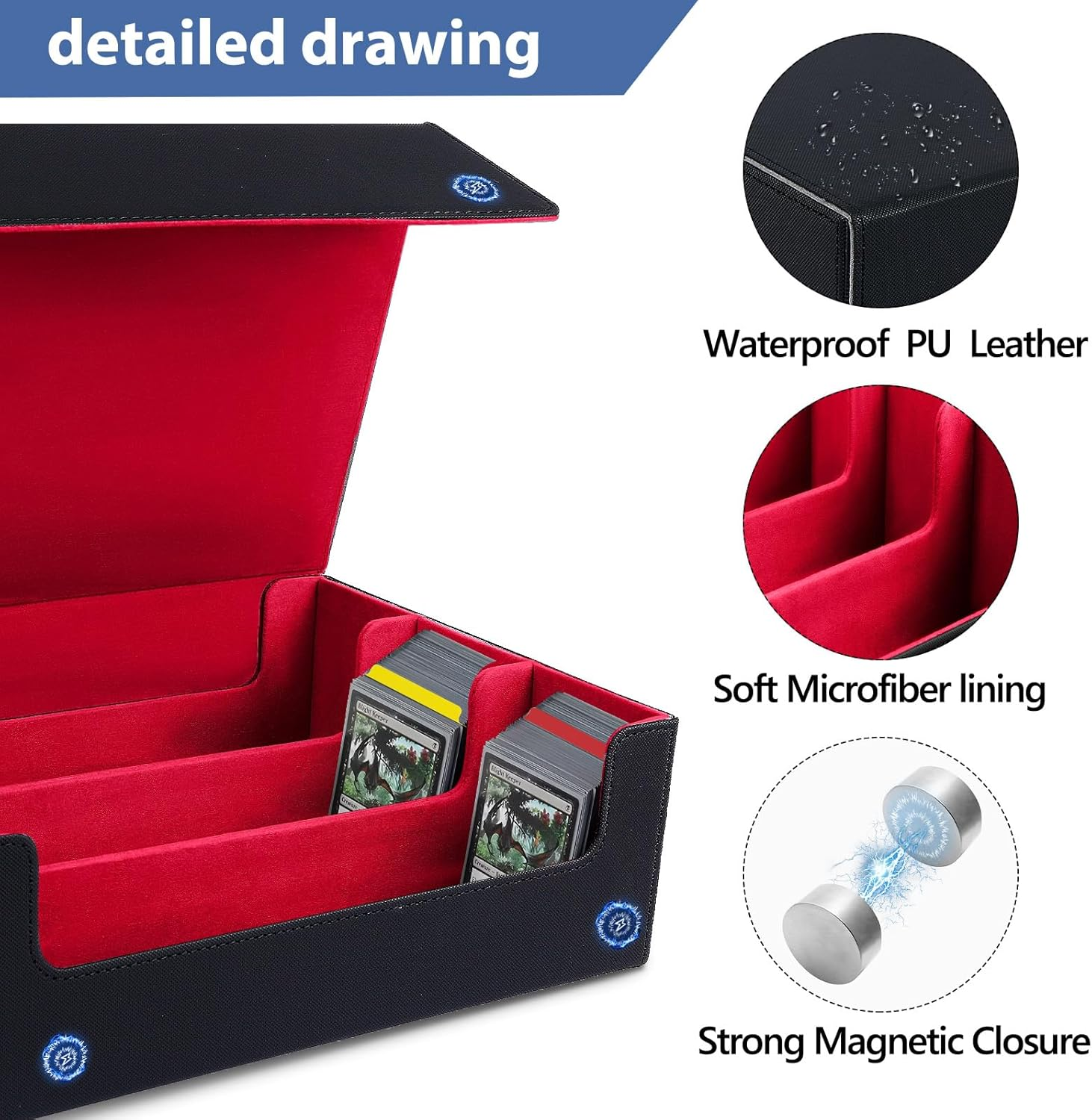 Card Deck Case for Trading Cards, 1800+ PU Leather Magnetic Commander Deck Case,Magic Card Protectors Box Fit for Yugioh, MTG and Sport Cards-Red image number 5