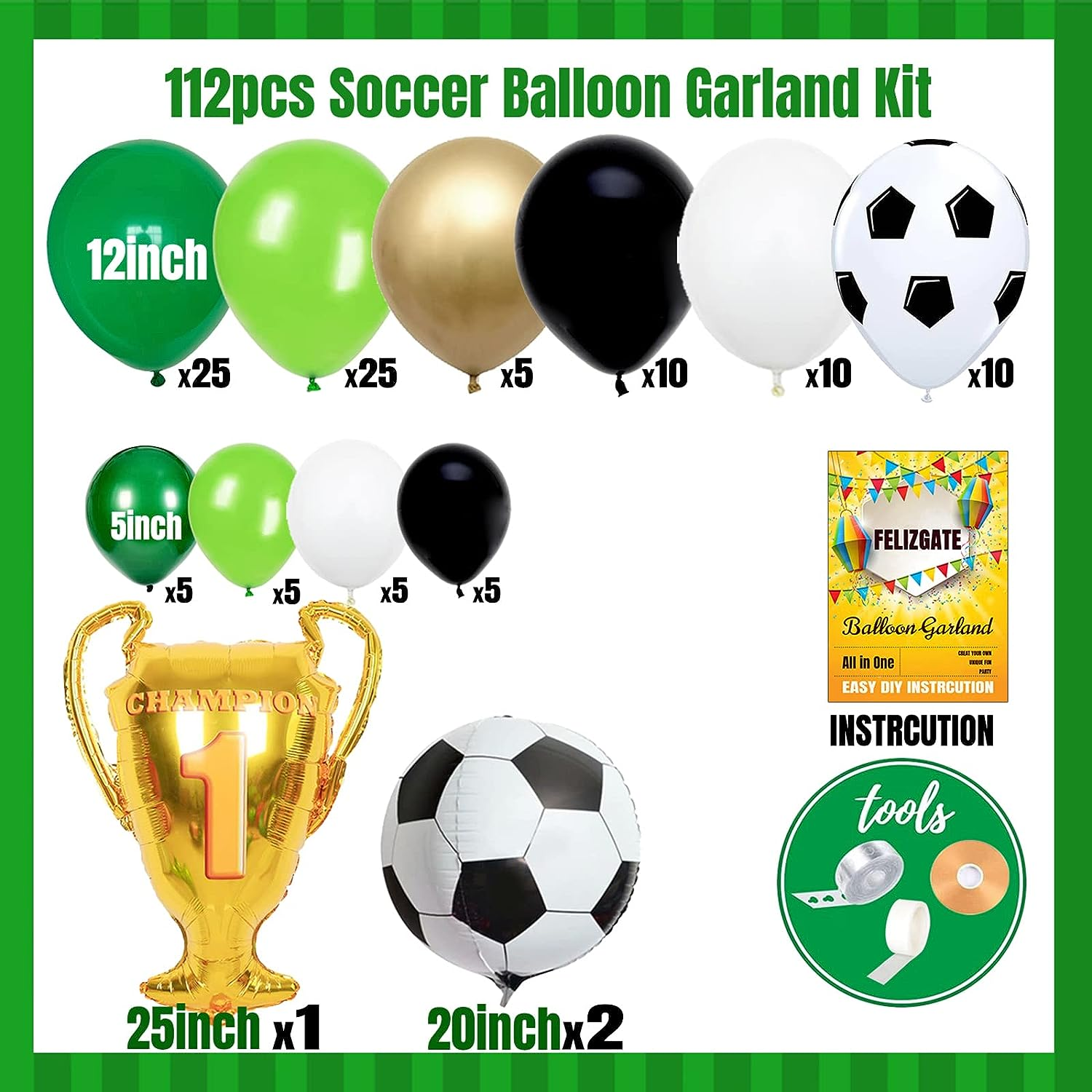 Soccer Party Balloons Garland, 12Inch Green Black White Balloons with 18Inch Football Goal Golden Champion Mylar Foils, Boys Sports Theme Birthday Decoration Supplies image number 3