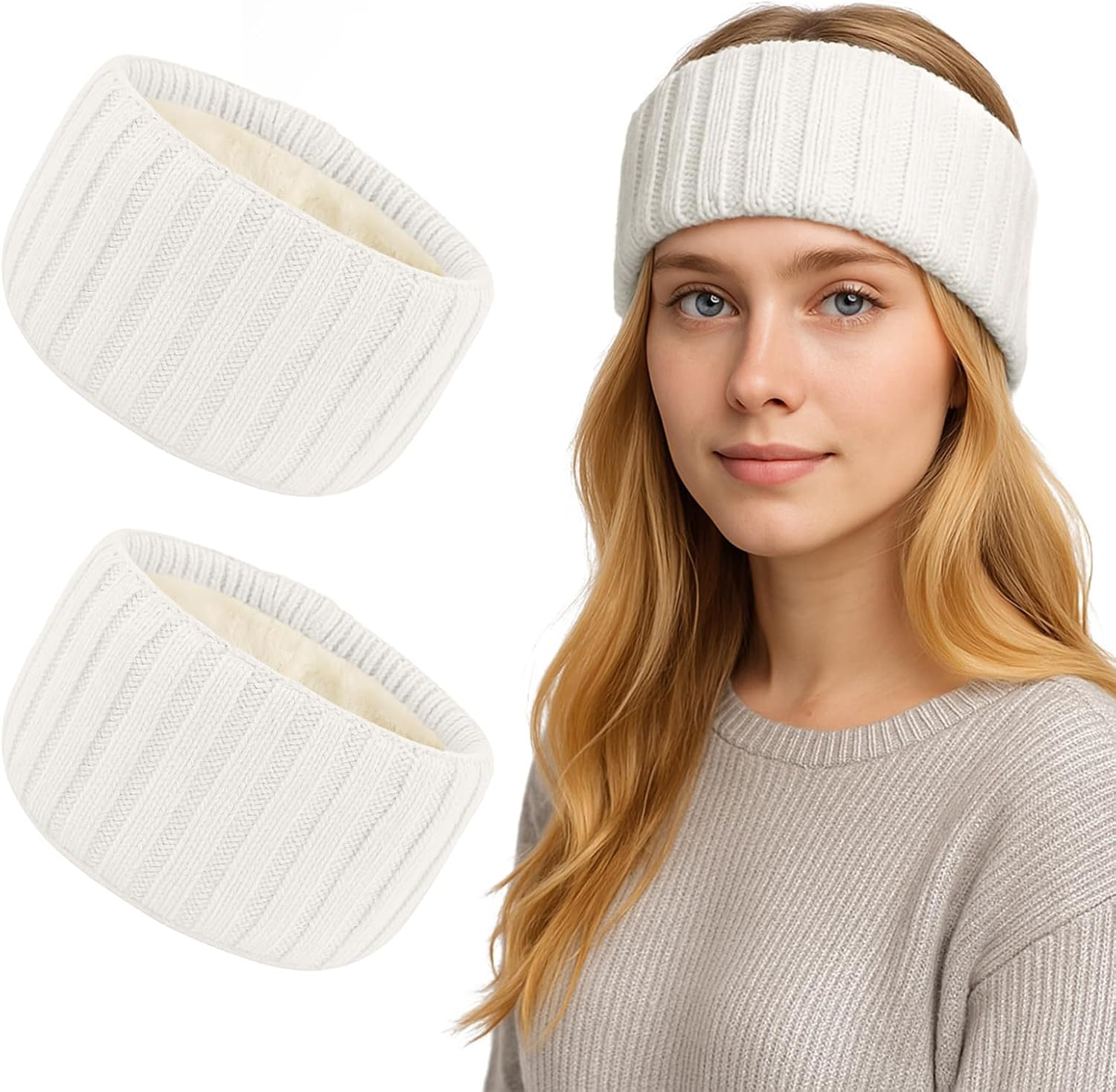 TOPTIE 2 Pcs Ear Muffs Headbands for Winter Women, White Knit Thick Ear Warmers Fleece Headband Lined Furry Cable Head Wrap - Black image number 3