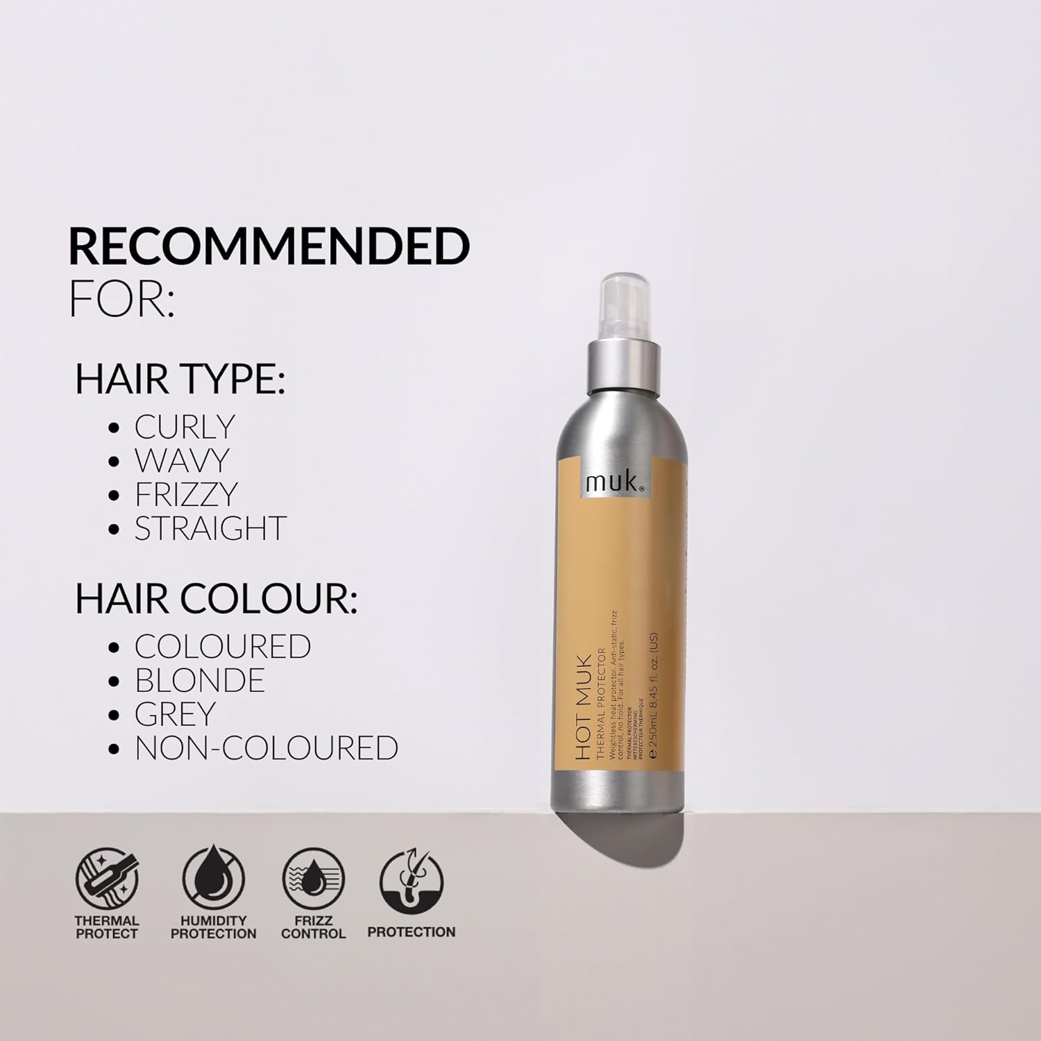 MUK. Hot Muk Thermal Protect - Heat Protection Hair Spray. Heat Protectant for Styling Tools up to 230&deg;C. Heat Protection Hair Spray UV Shield against Colour Fade, Frizz Control, 250Ml image number 2