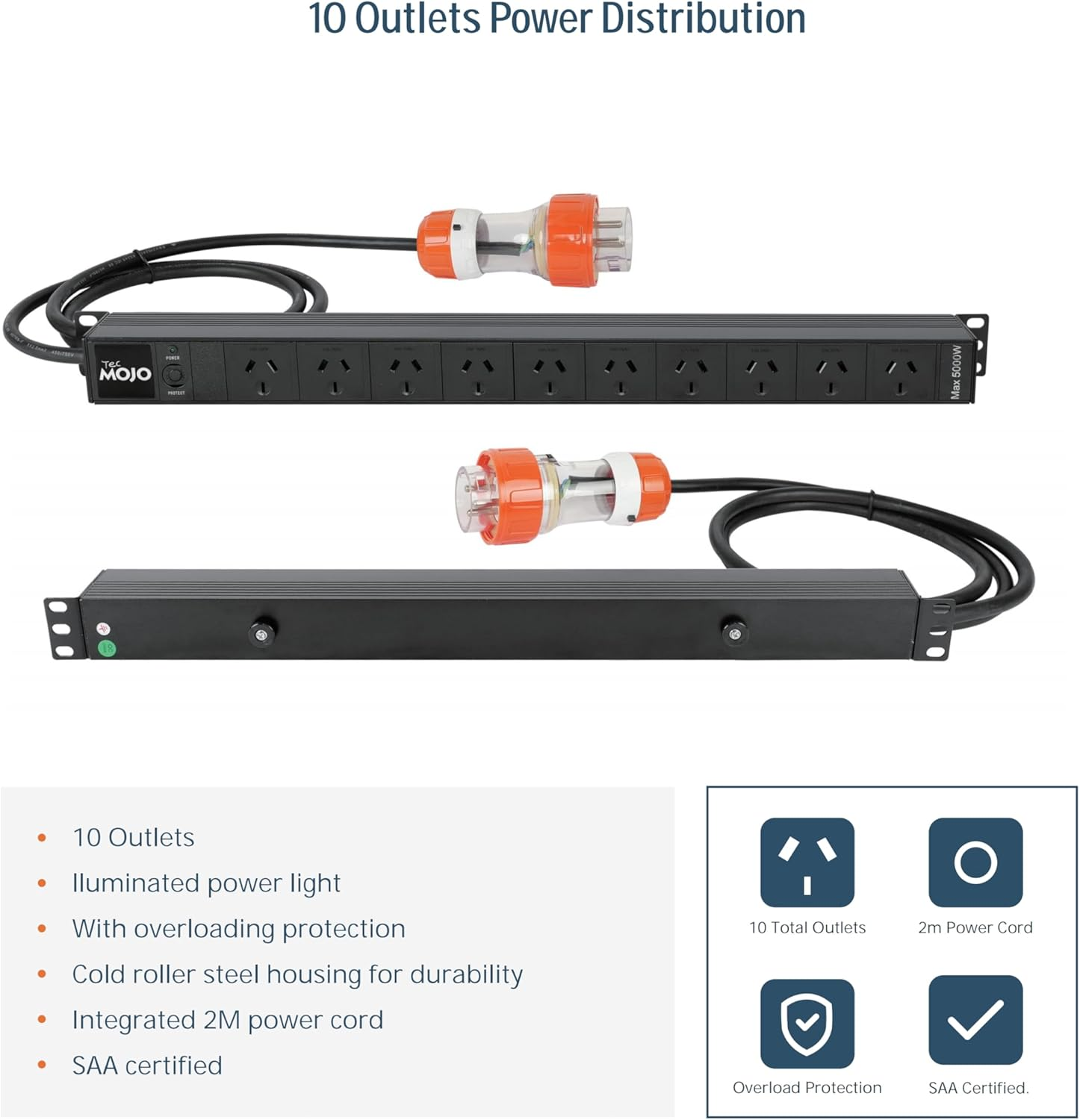 Tecmojo 10 Outlet Vertical Rack Mount PDU Power Strip,Power Distribution Unit for Server Cabinet, 2M Power Cord, Industrial Plug, Overload Protection, 250V 50/60HZ, Black