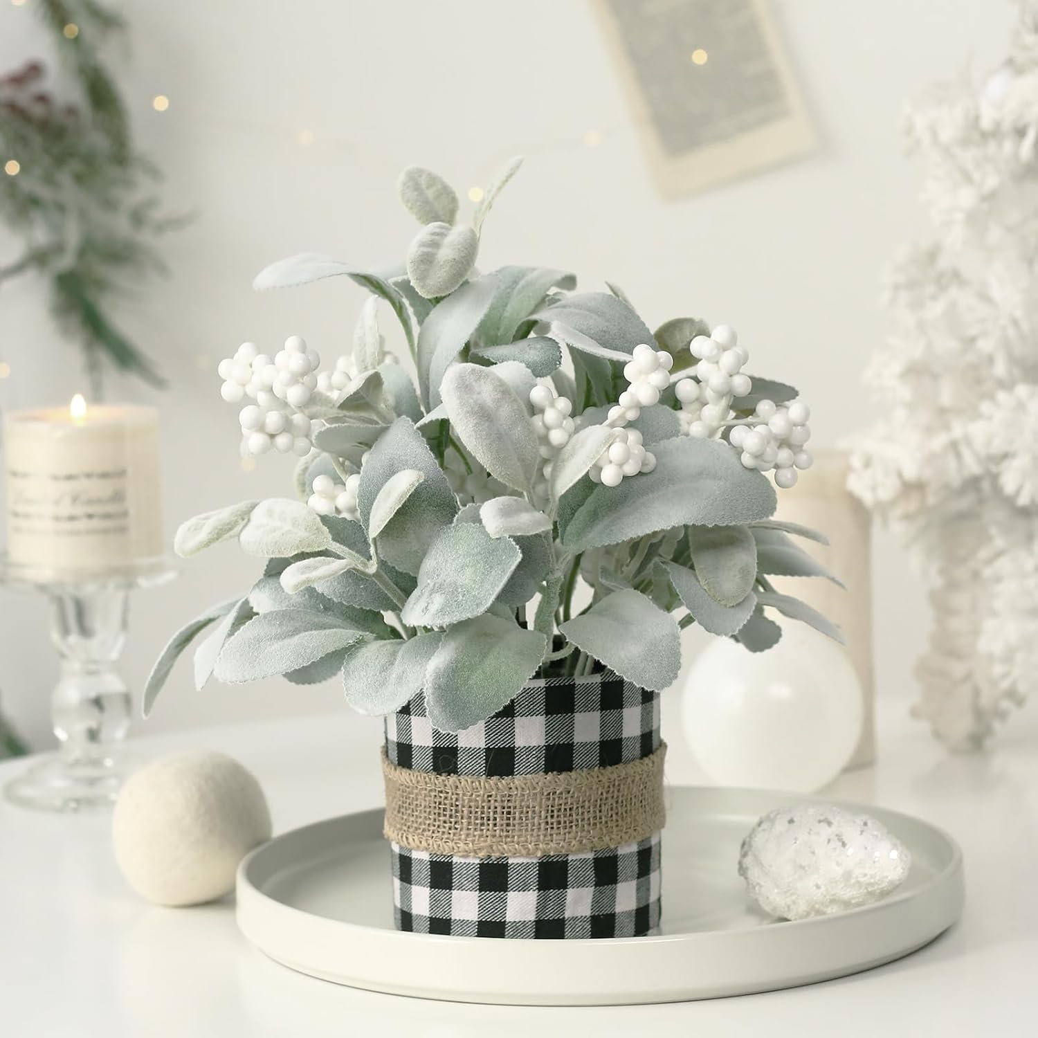 Flocked Lambs Ear Tabletop Mini Small Table Top Winter Christmas Tree,10" Artificial Little Potted for Christmas Decor, for Home Indoor Holiday. image number 4