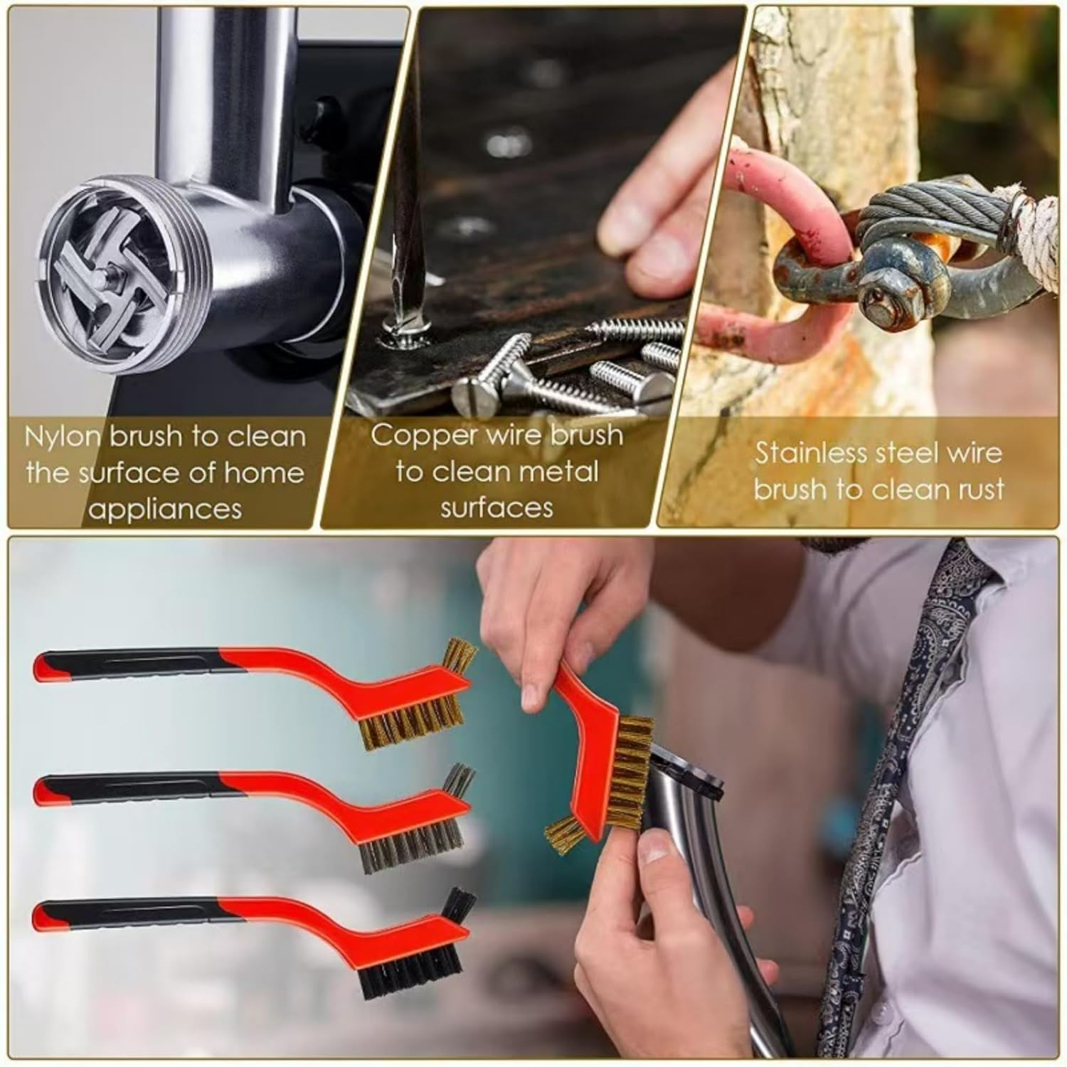 Steel Wire Brush Set, 3-Piece Deep Cleaning Brush Set, for Removing Weld Slag, Rust, Cleaning Grills, Scrubbing Paint, Etc., Red image number 2