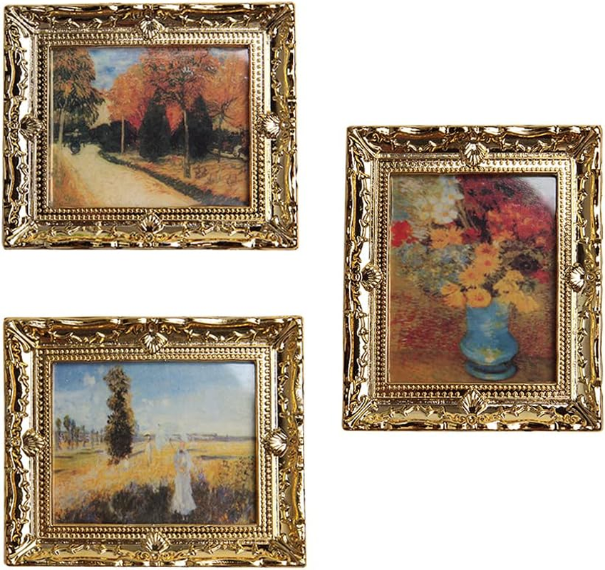 Acxico 3Pcs 1:12 Mini Miniature Gold Frame Art Wall Picture Oil Painting Home Decor image number 1