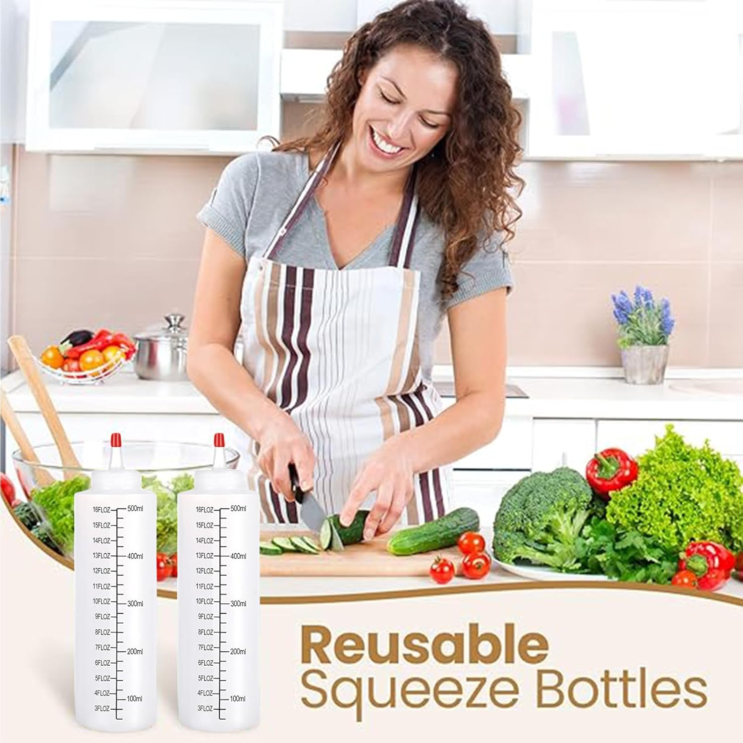 6 Pcs 500ML Sauce Squeeze Bottle with Cap Lines Durable Condiment Dispenser Bottle with Graduated Plastic Condiment Squeeze Squirt Bottles for Ketchup Sauces Syrup Condiments Dressings BPA Free image number 1