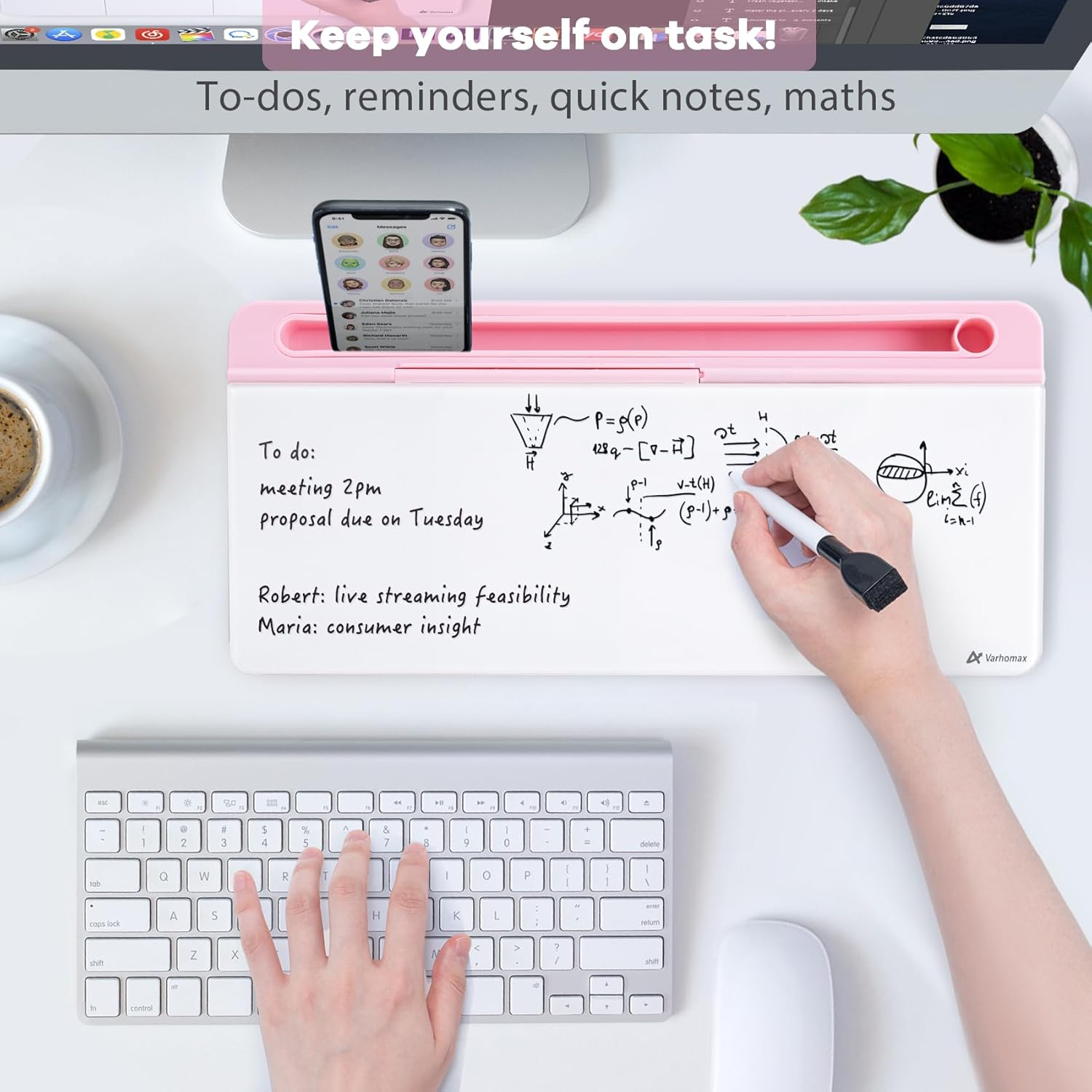 Varhomax Glass Desk Whiteboard with Storage, Desktop Organizer To-Do List Memo Notepad Dry Erase White Board for Home Office and School Supplies (Pink) - B-White image number 5