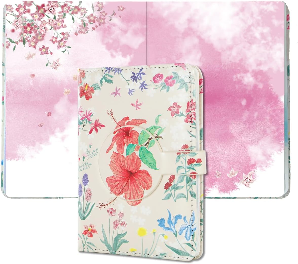 SIIXU Colorful Pocket Notebook A6 - Floral Theme with Unique Flower Illustrations, Vegan Leather, Small Size for Women, Ideal for Journaling, Notes, and Travel