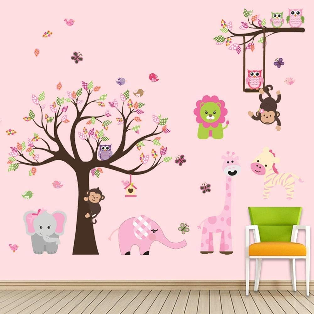 Supzone Jungle Animal Wall Stickers Monkey Tree Wall Decals Elephant Giraffe Zebra Vinyl Forest Animal Wall Stickers DIY Removable Home Decoration Baby Nursery Girl Boy Kids Room Wall Decor
