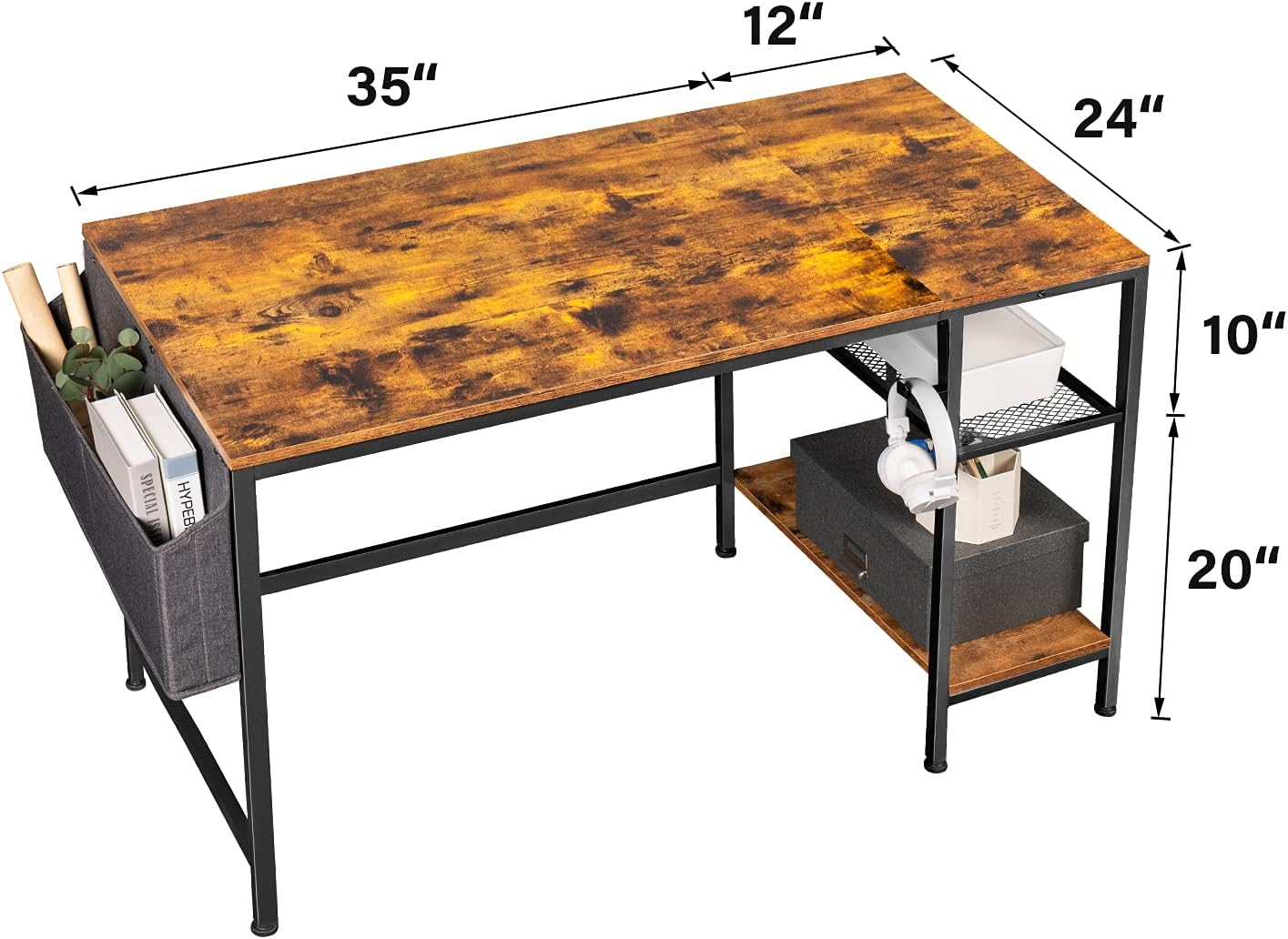 Furmax Home Office Desk 47 Inch Small Study Writing Desk Computer Simple Splice Board Table 2-Tier Laptop Table with Storage Bag and Removable Storage Shelves (Brown) - Brown/Black image number 6
