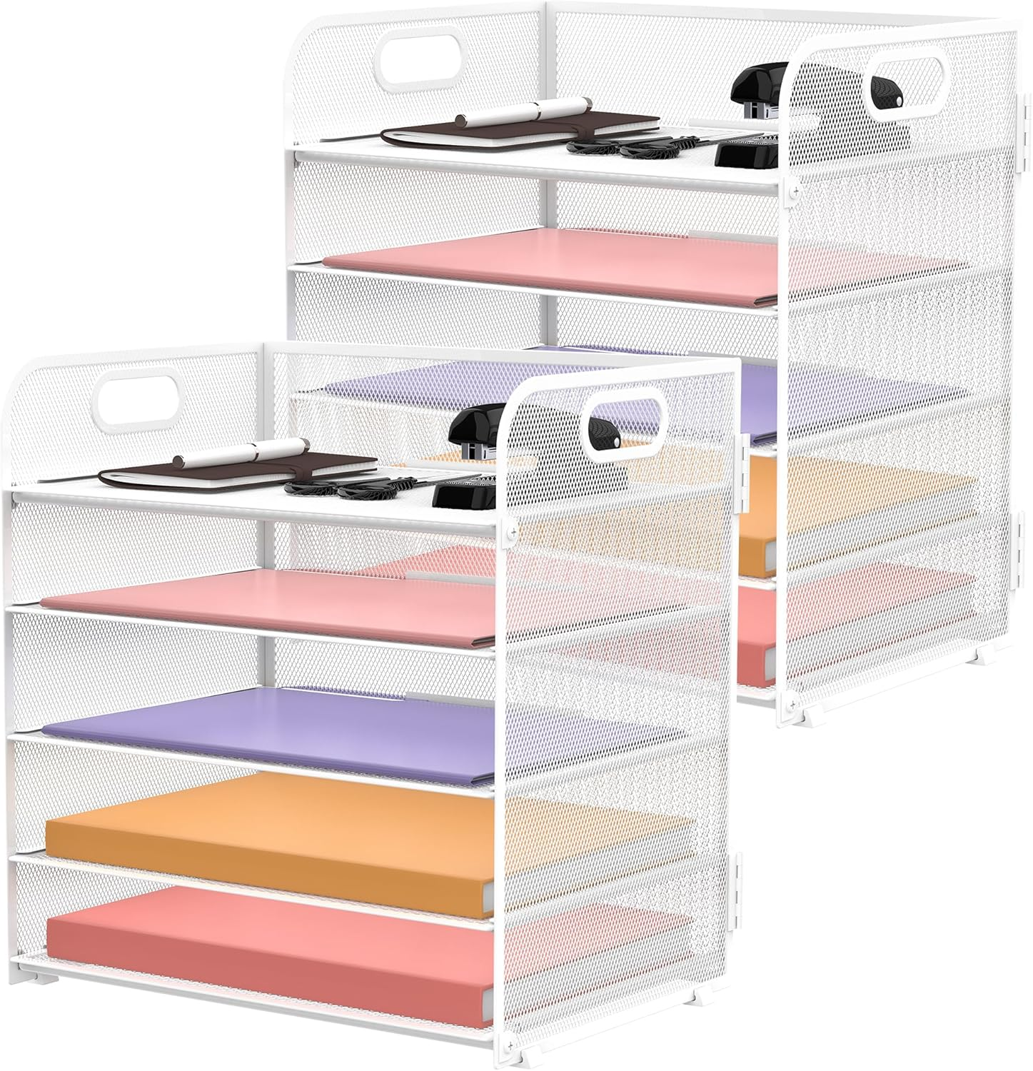 SUPEASY 5 Tier Desk Organizer with Handle & Removable Pen Holders, Mesh Paper/File Organizer for Desk, Paper Letter Tray Organizer for Office Supplies (Purple)