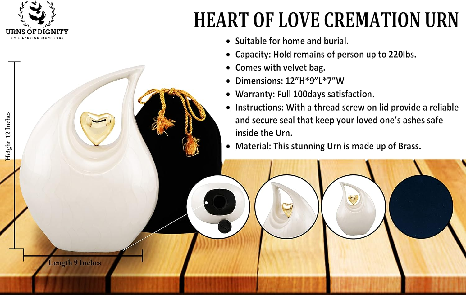 Heart of Love Adult Cremation Urns for Human Ashes - Decorative Urns,Urns for Human Ashes Female & Male,Urns for Ashes Men & Women,Funeral Urn (Adult Non-Customize, White Gold) image number 3