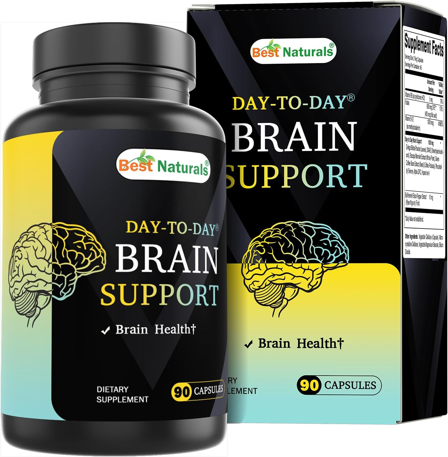 Best Naturals Day-To-Day Brain Support Supplement with Ginkgo Biloba, DMAE, Bacopa, Green Coffee, Phosphotidyl Serene, Alpha GPC, Huperzine A, Folate, B6, & B12 90 Veg Capsules image number 1