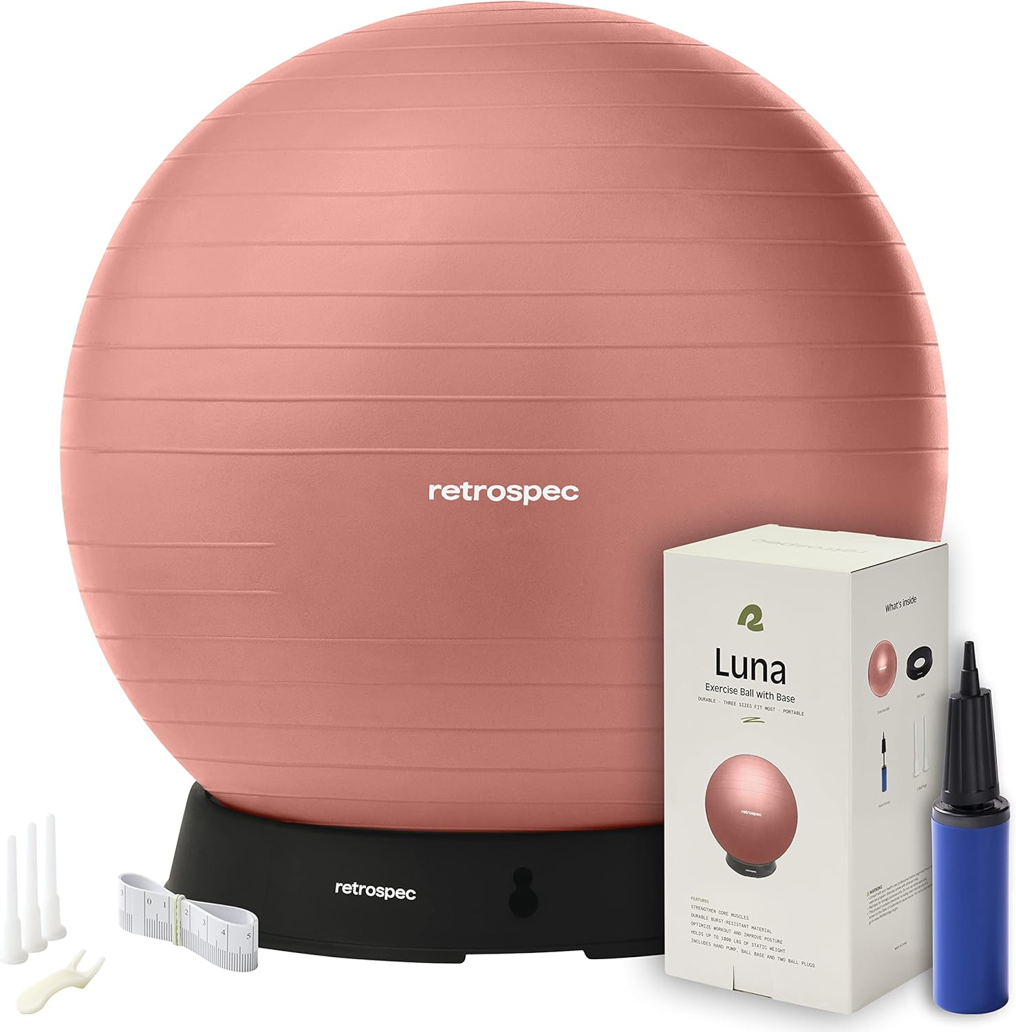 Retrospec Retrospec Luna Exercise Ball, Base & Pump / Ball & Pump with Anti-Burst Material - Fitness Gym Swiss Ball - Perfect for Balance, Stability, Yoga, Pilates, Pregnancy & Birthing