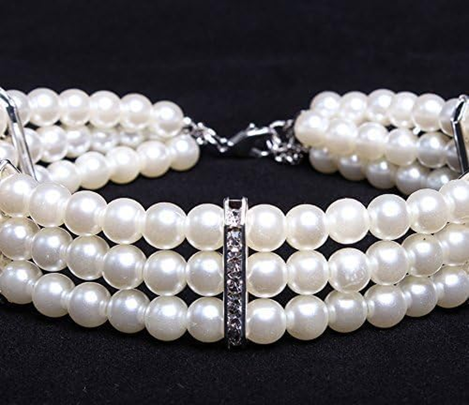 Pet Three Rows Pearl Pet Collar Cat Dog Necklace Jewelry (White, XL) image number 2