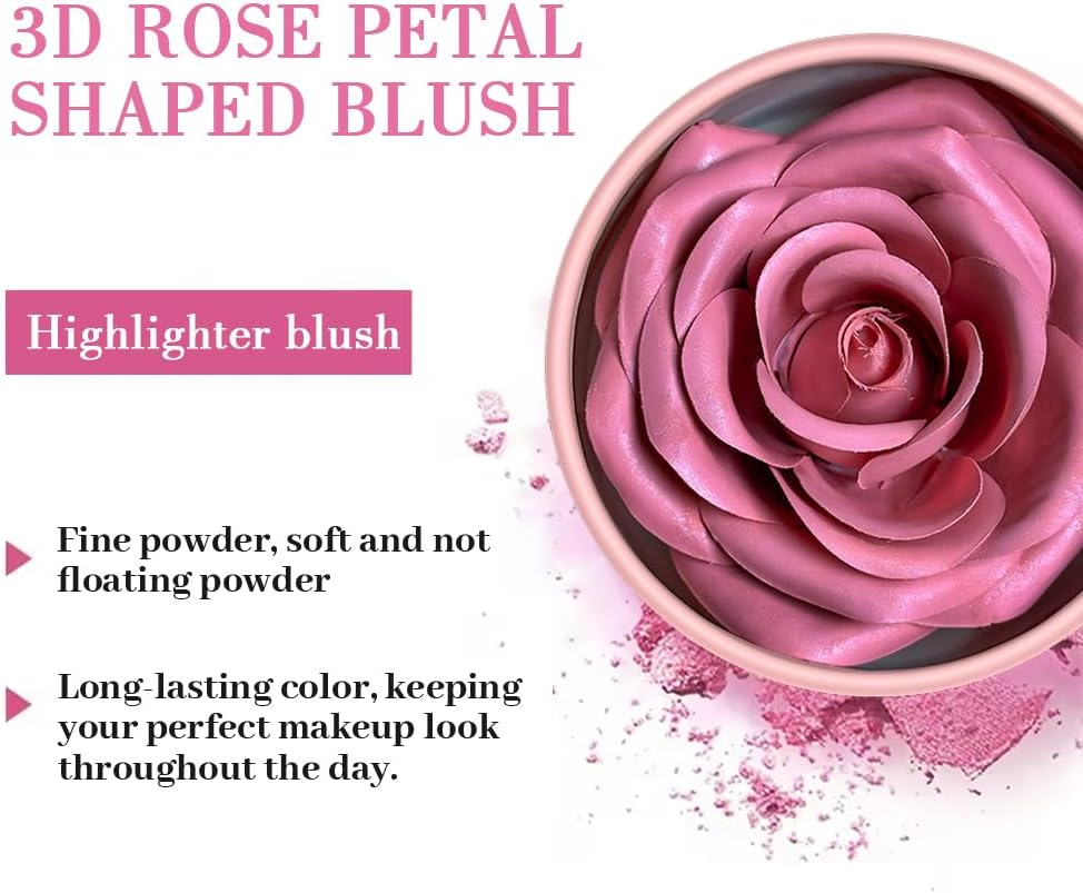4-Color 3D Rose Petal Blush, Flower Petal Powder Blush for Cheek, Natural Finish Long-Lasting Shimmer Face Rubor Highlighter Makeup Blush for Women(#03, 0.211 OZ)