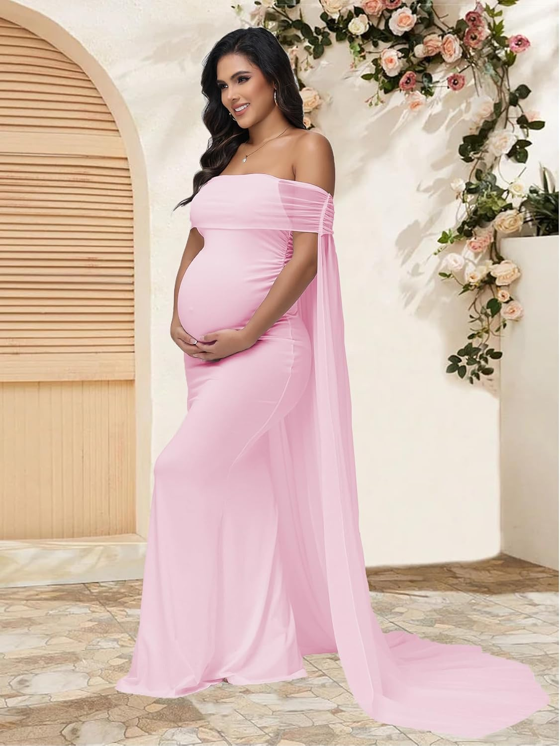 Justvh Women'S Maternity Mesh off Shoulder Chiffon Maxi Photoshoot Dress for Baby Shower Cloak Outfit Maxi Photography Gown image number 1