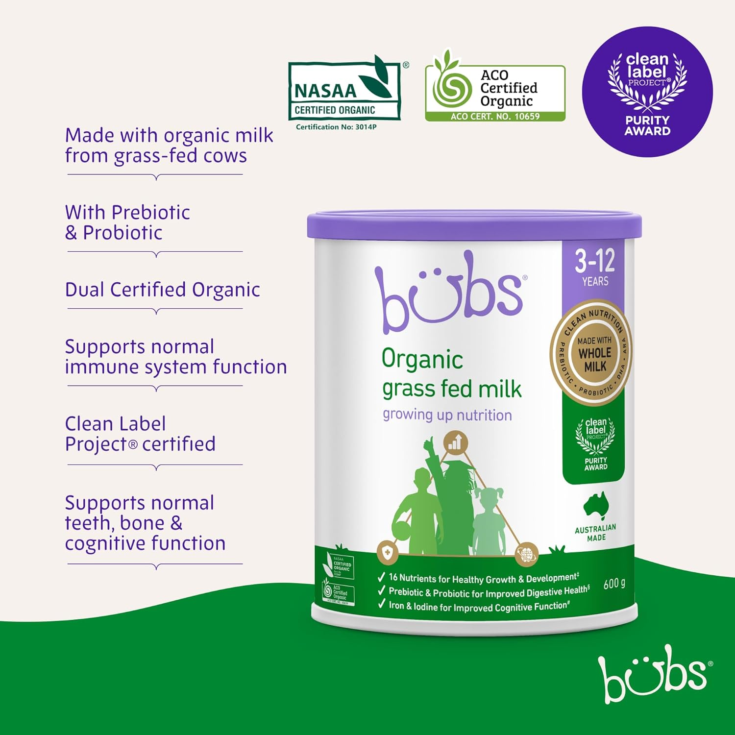 Bubs Organic Grass Fed Growing up Nutrition Milk Stage 4, Kids 3-12 Years, Made with Non-Gmo Organic Milk, 600G