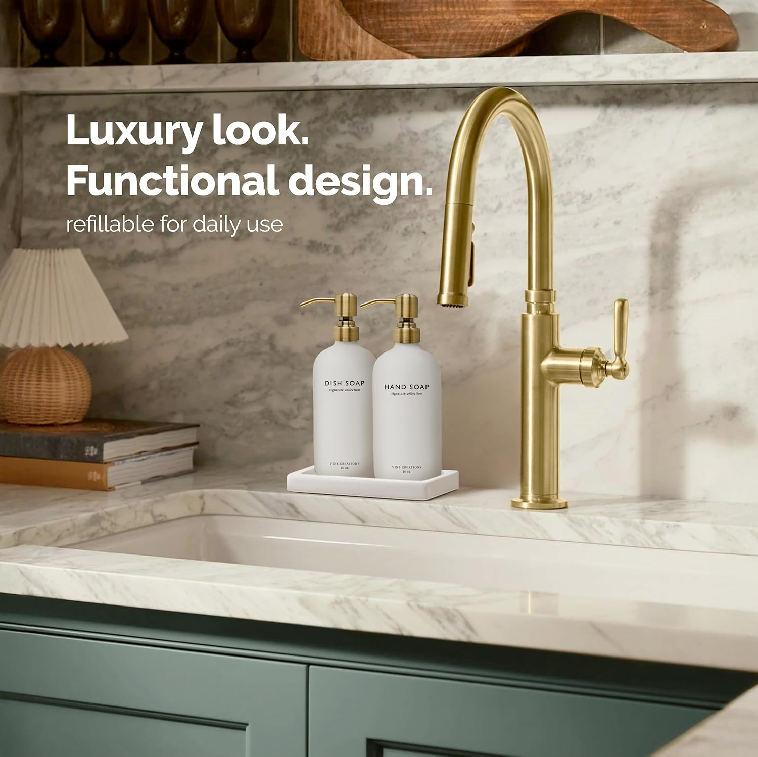 Vine Creations Glass Soap Dispenser Set, Kitchen Soap Dispenser Set with Ceramic Tray, 16 Oz Dish Soap and Hand Soap Dispenser Set with Stainless Steel Pump Decor (White Bottle/Brushed Brass) image number 3