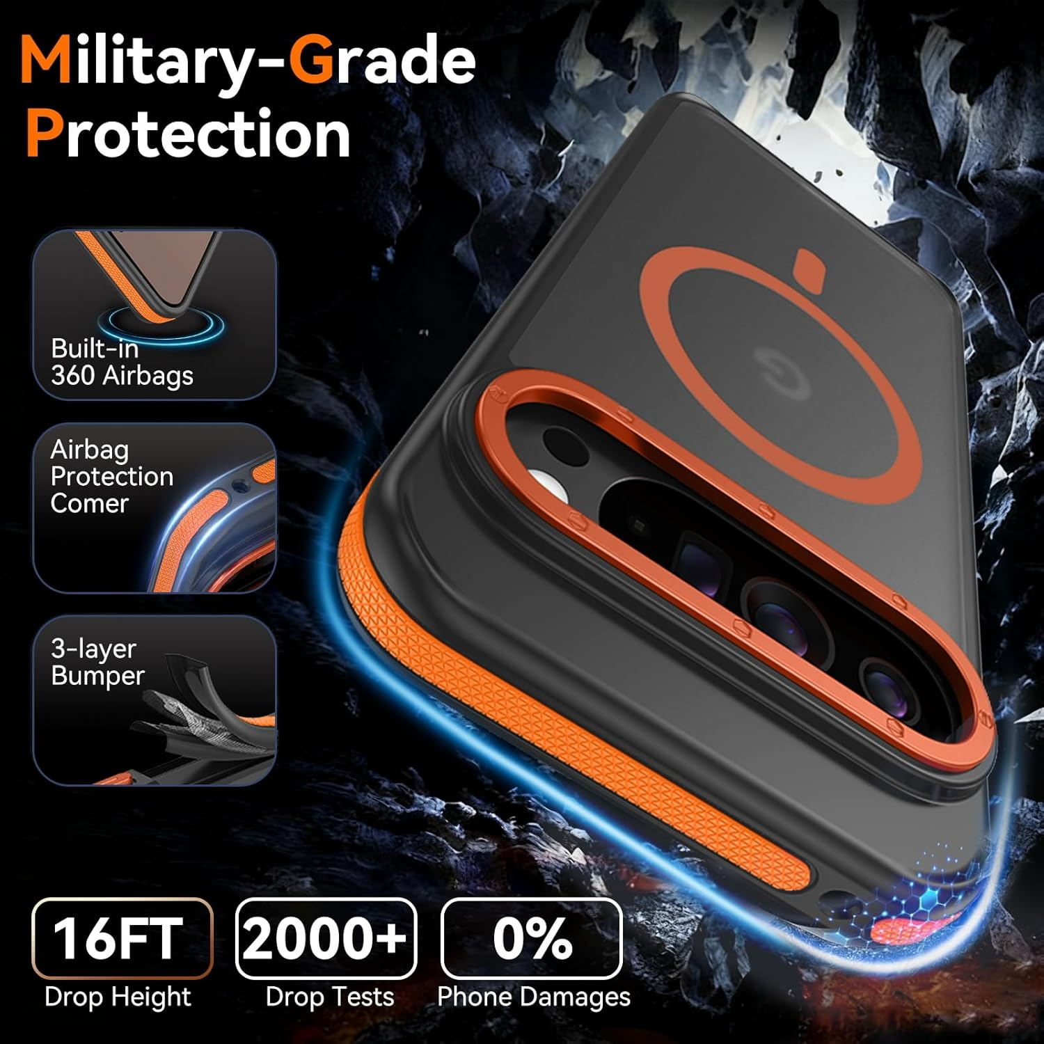 DOMAVER Magnetic for Google Pixel 10 Pro XL Case, Compatible with Magsafe Accessories, Military Grade Drop Protection, Translucent Matte Shockproof Phone Case for Pixel 10 Pro XL, Black Orange image number 3